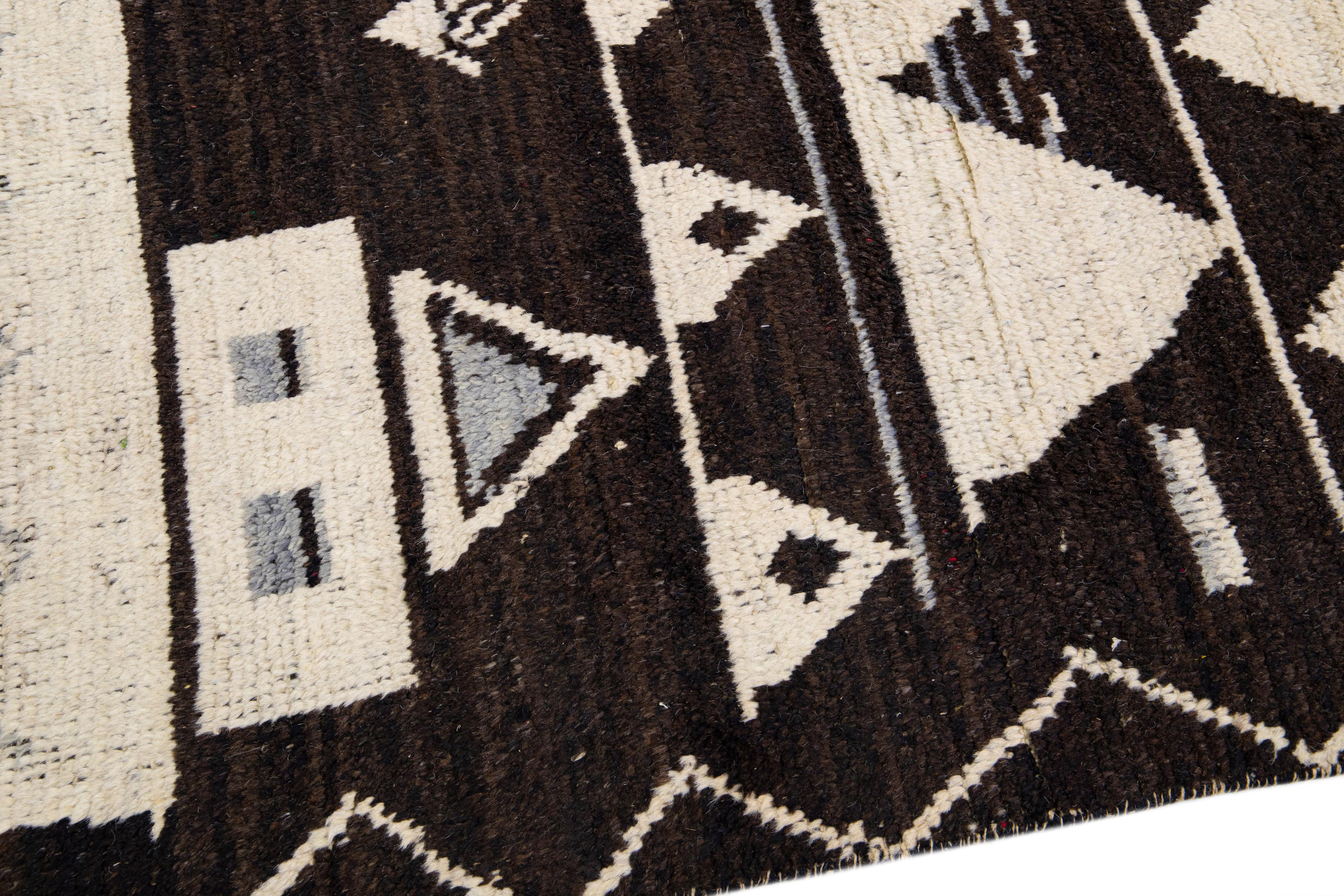 Hand-Knotted Modern Moroccan Style Brown Handmade Tribal Motif Oversize Wool Rug For Sale