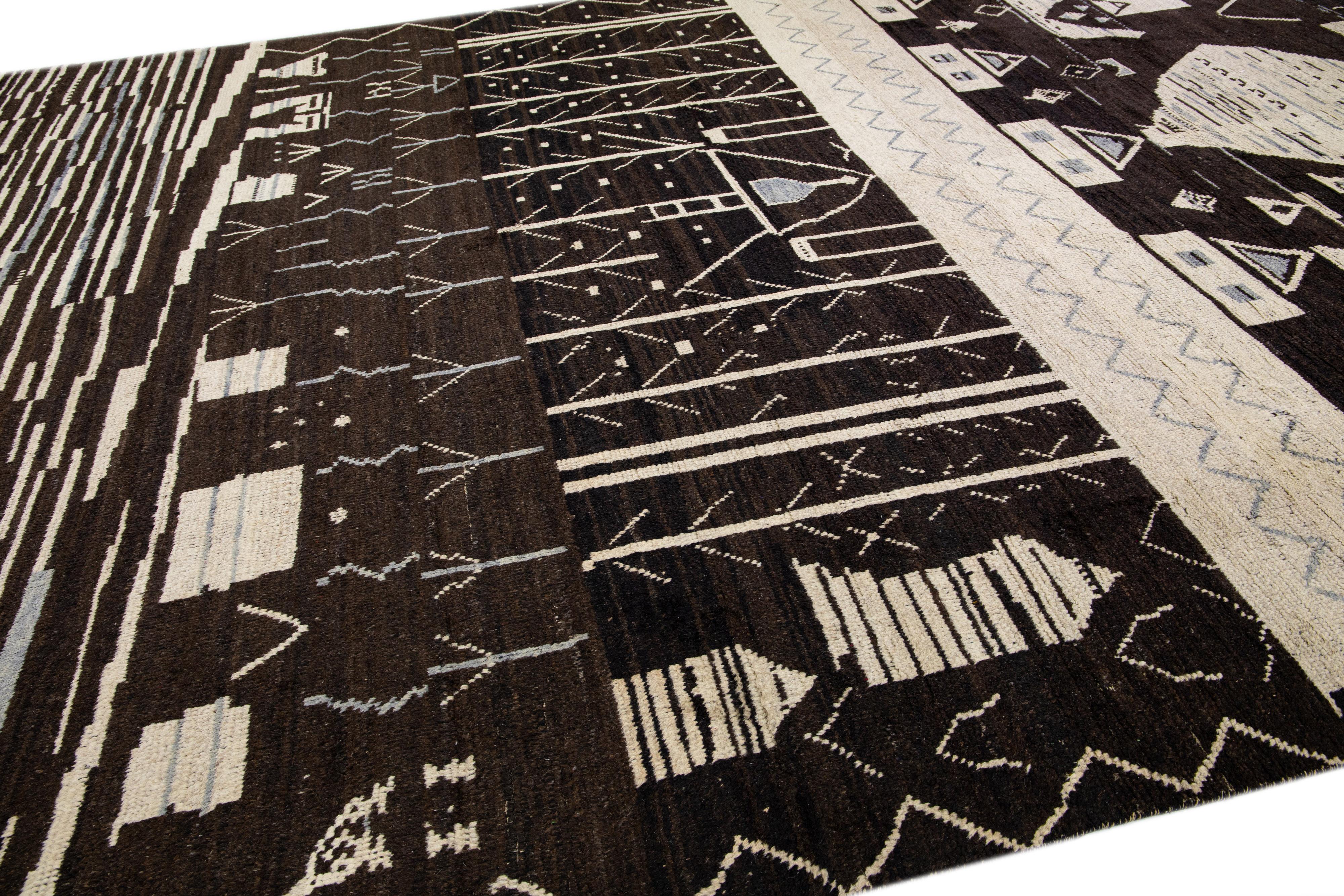 Modern Moroccan Style Brown Handmade Tribal Motif Oversize Wool Rug In New Condition For Sale In Norwalk, CT
