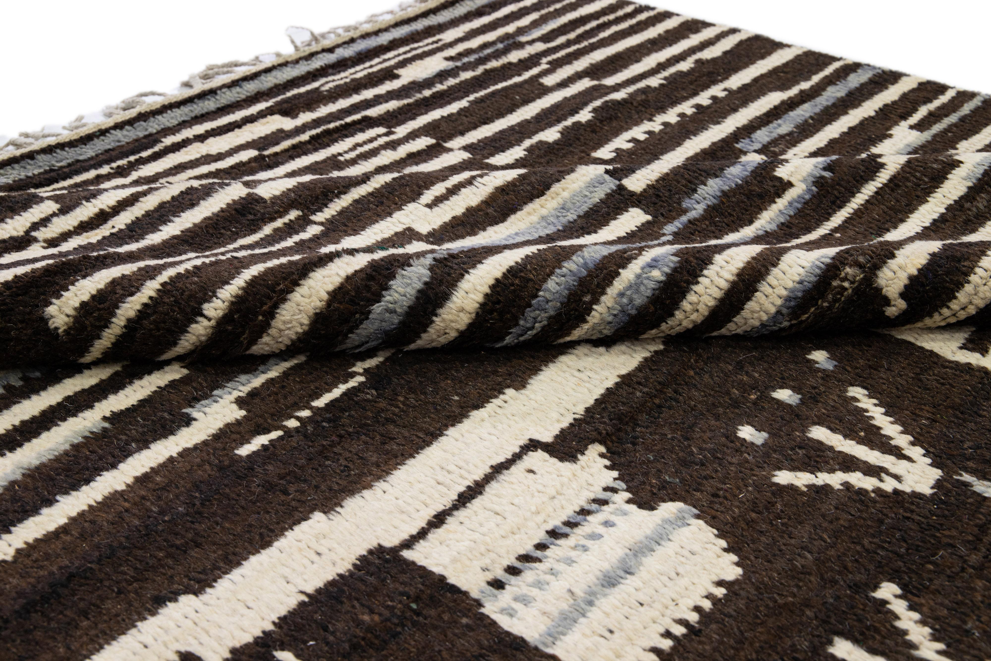 Contemporary Modern Moroccan Style Brown Handmade Tribal Motif Oversize Wool Rug For Sale