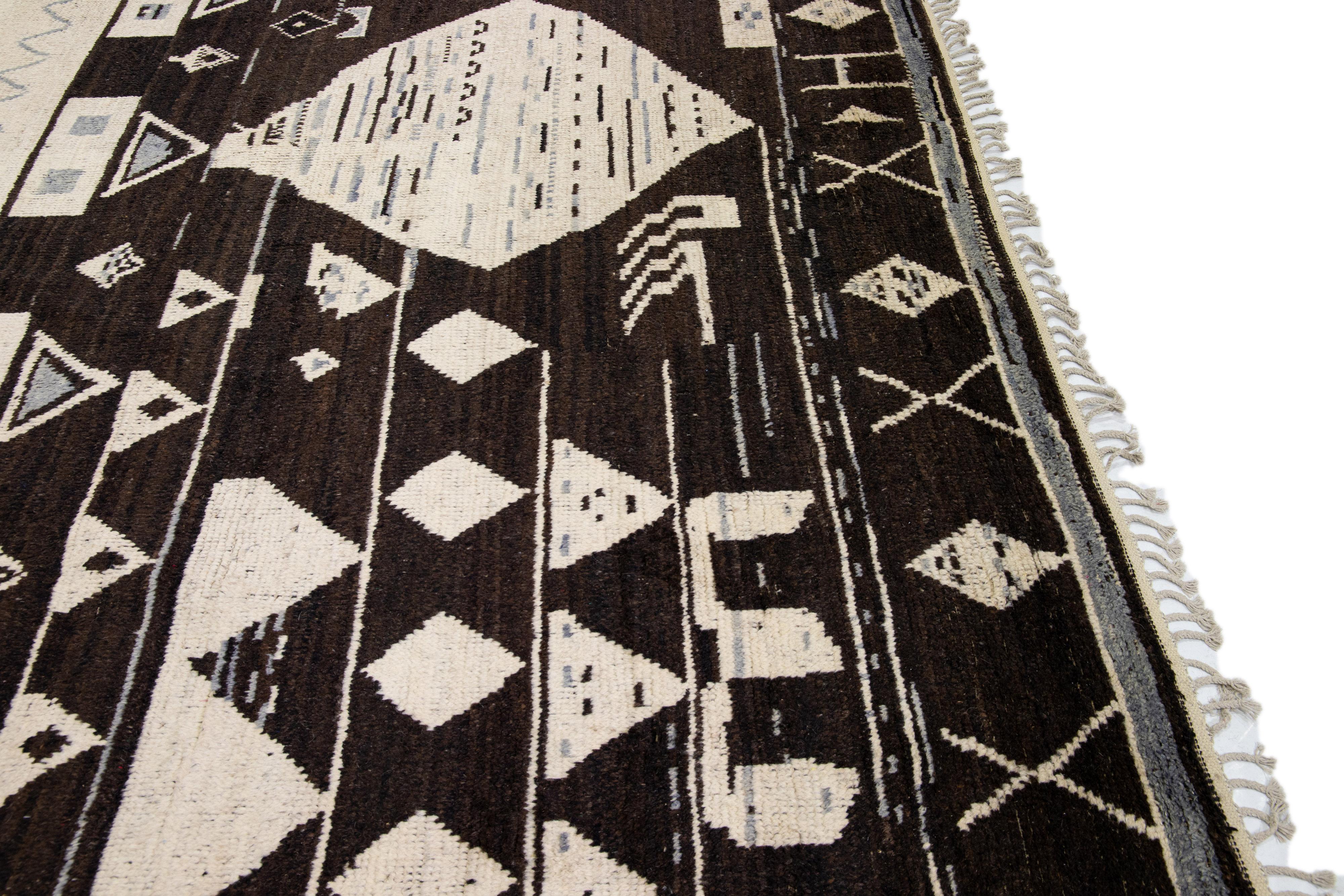 Modern Moroccan Style Brown Handmade Tribal Motif Oversize Wool Rug For Sale 3