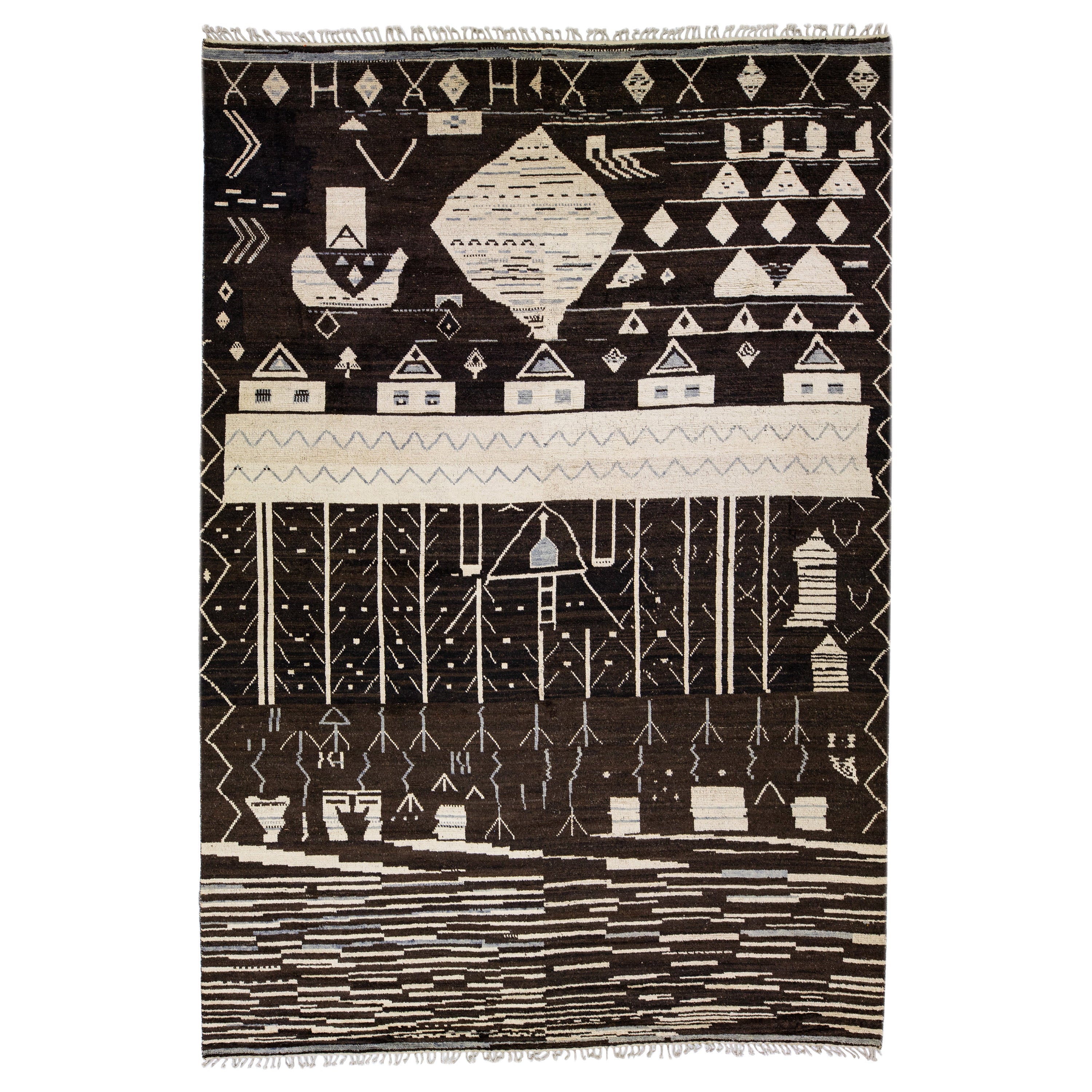 Modern Moroccan Style Brown Handmade Tribal Motif Oversize Wool Rug For Sale