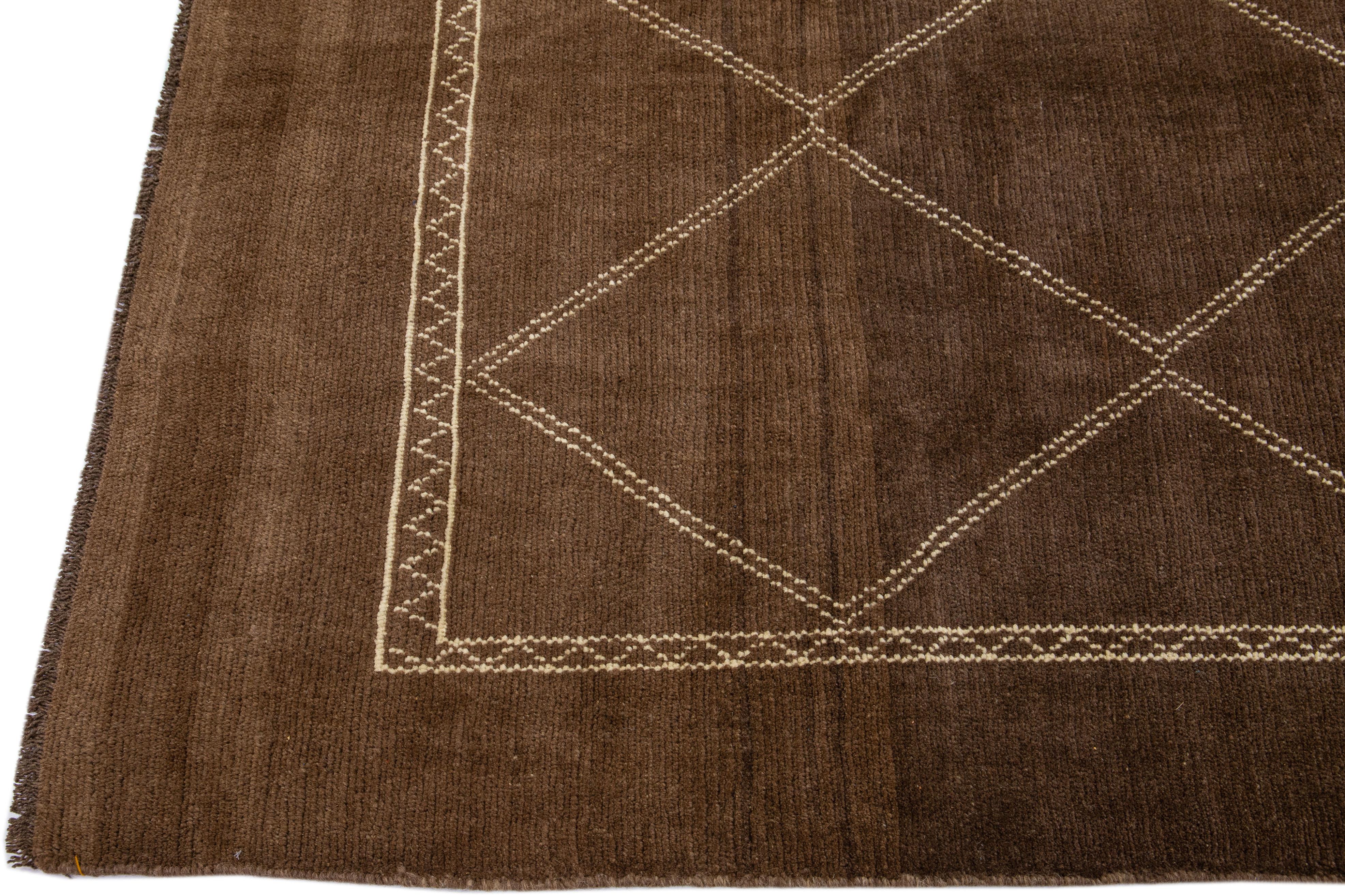 Hand-Knotted Modern Moroccan Style Brown Handmade Tribal Wool Rug by Apadana For Sale