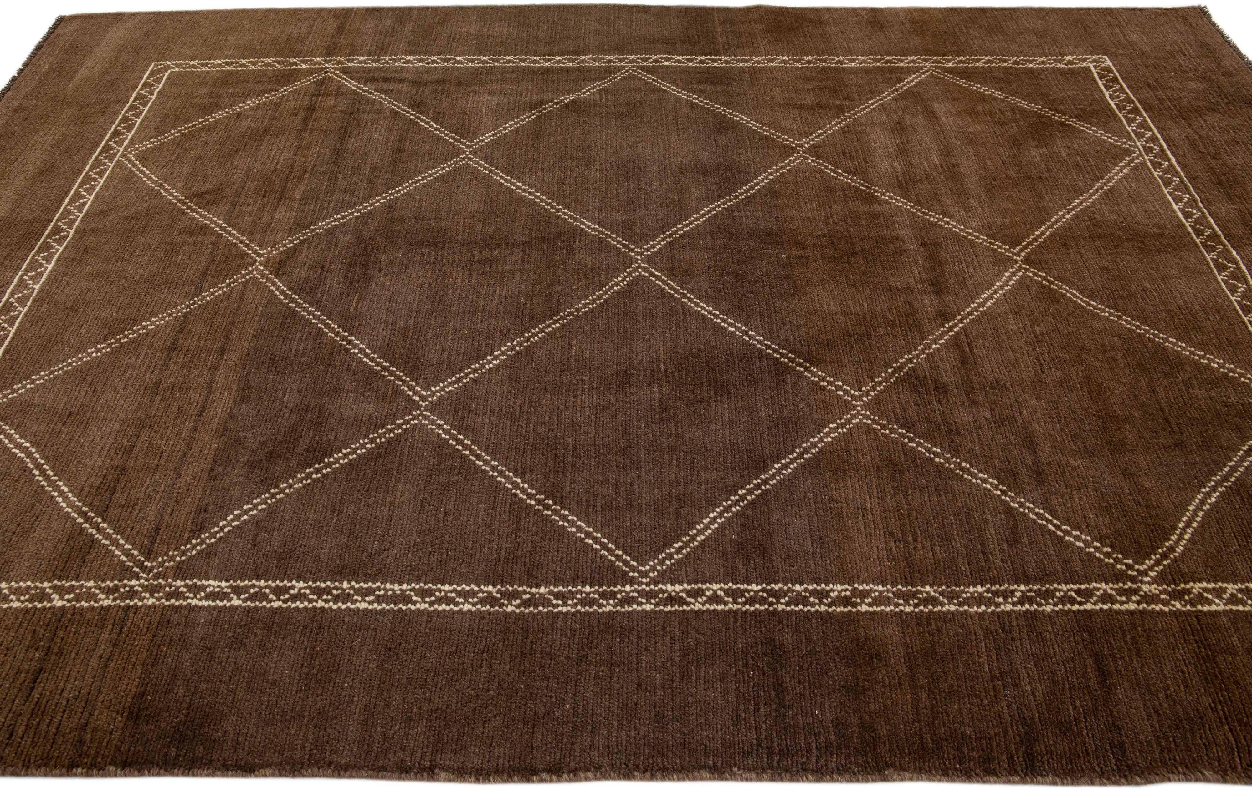 Modern Moroccan Style Brown Handmade Tribal Wool Rug by Apadana In New Condition For Sale In Norwalk, CT