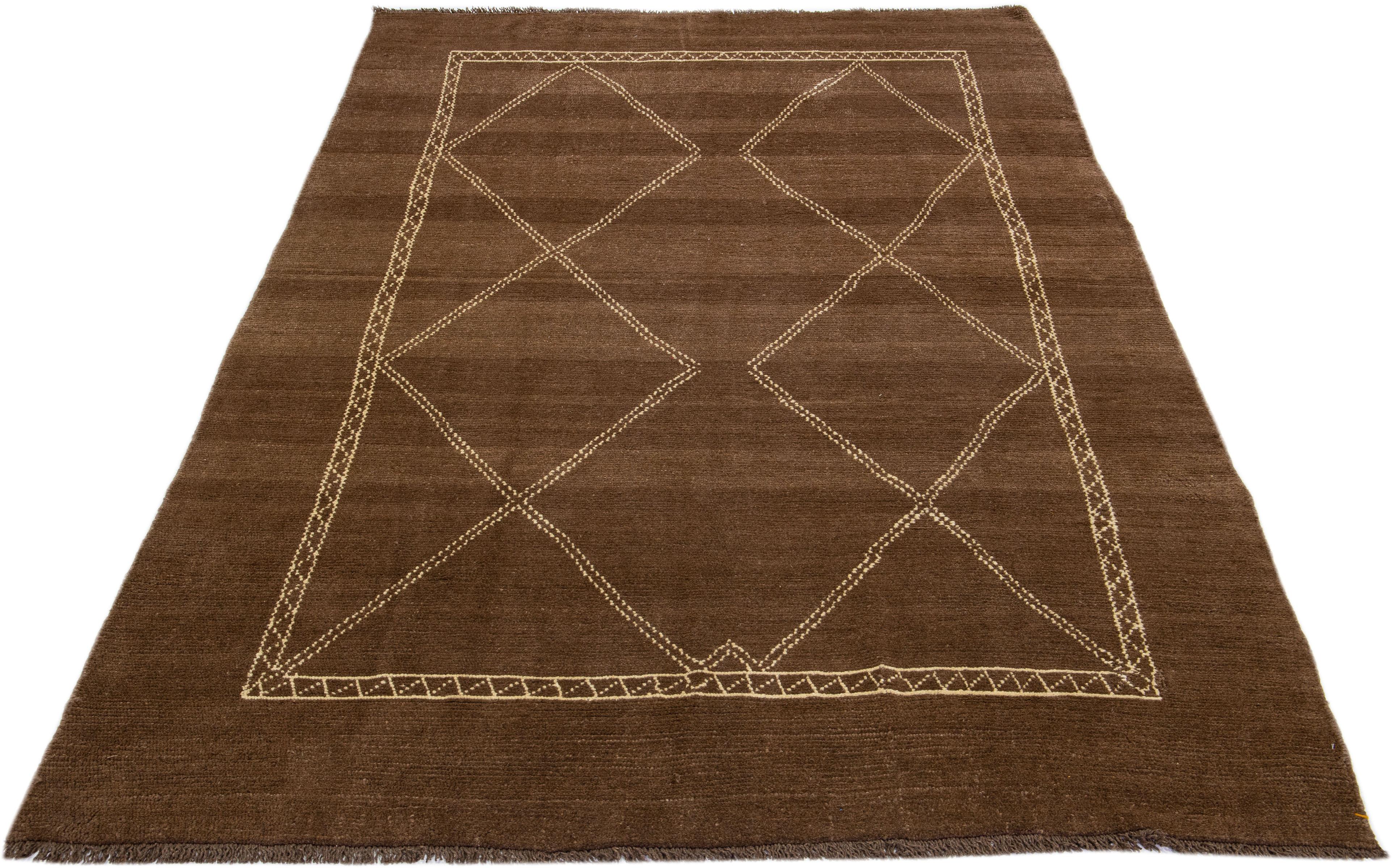 Afghan Modern Moroccan Style Brown Handmade Wool Rug with Geometric Pattern by Apadana For Sale