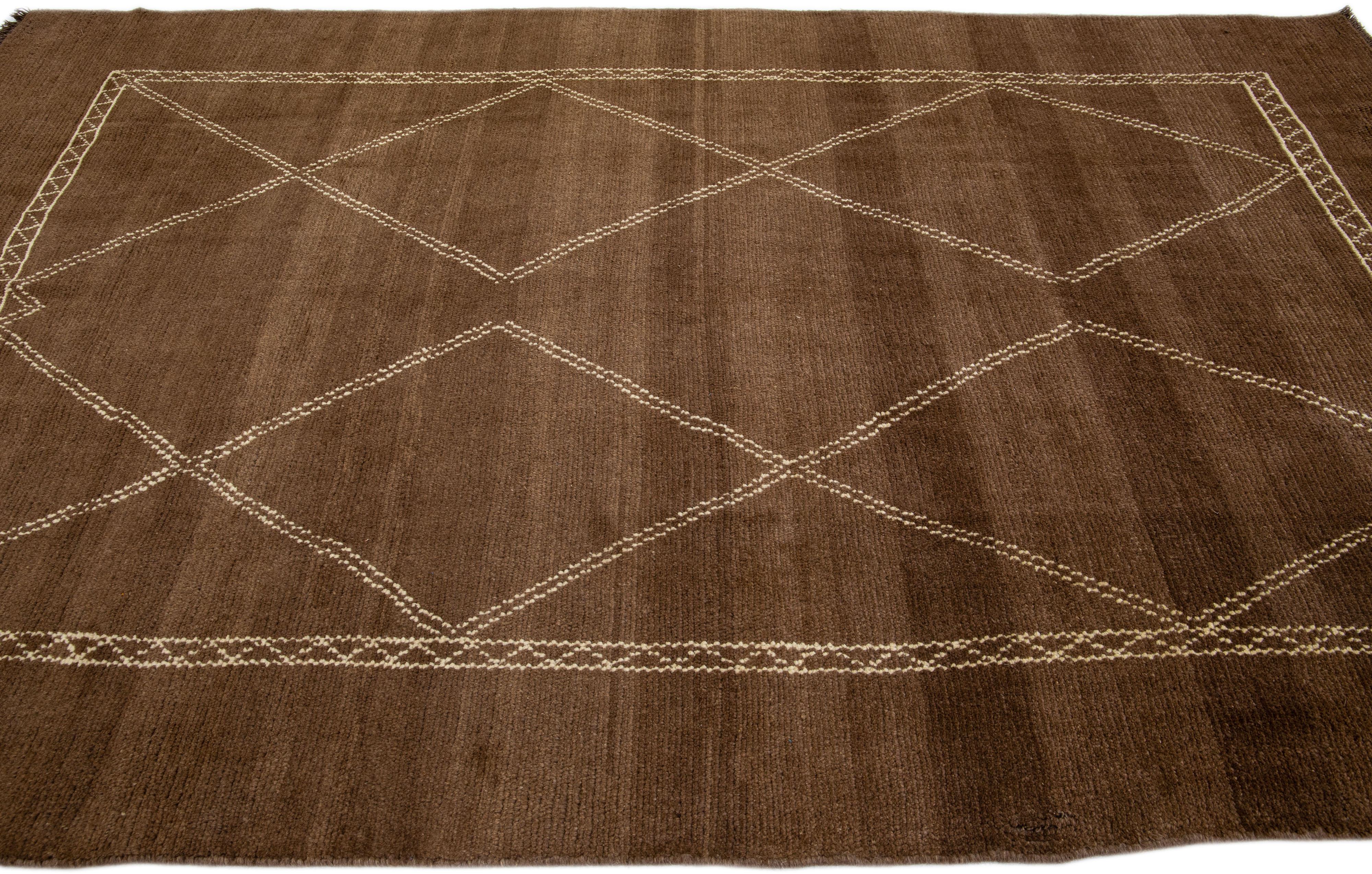 Modern Moroccan Style Brown Handmade Wool Rug with Geometric Pattern by Apadana In New Condition For Sale In Norwalk, CT