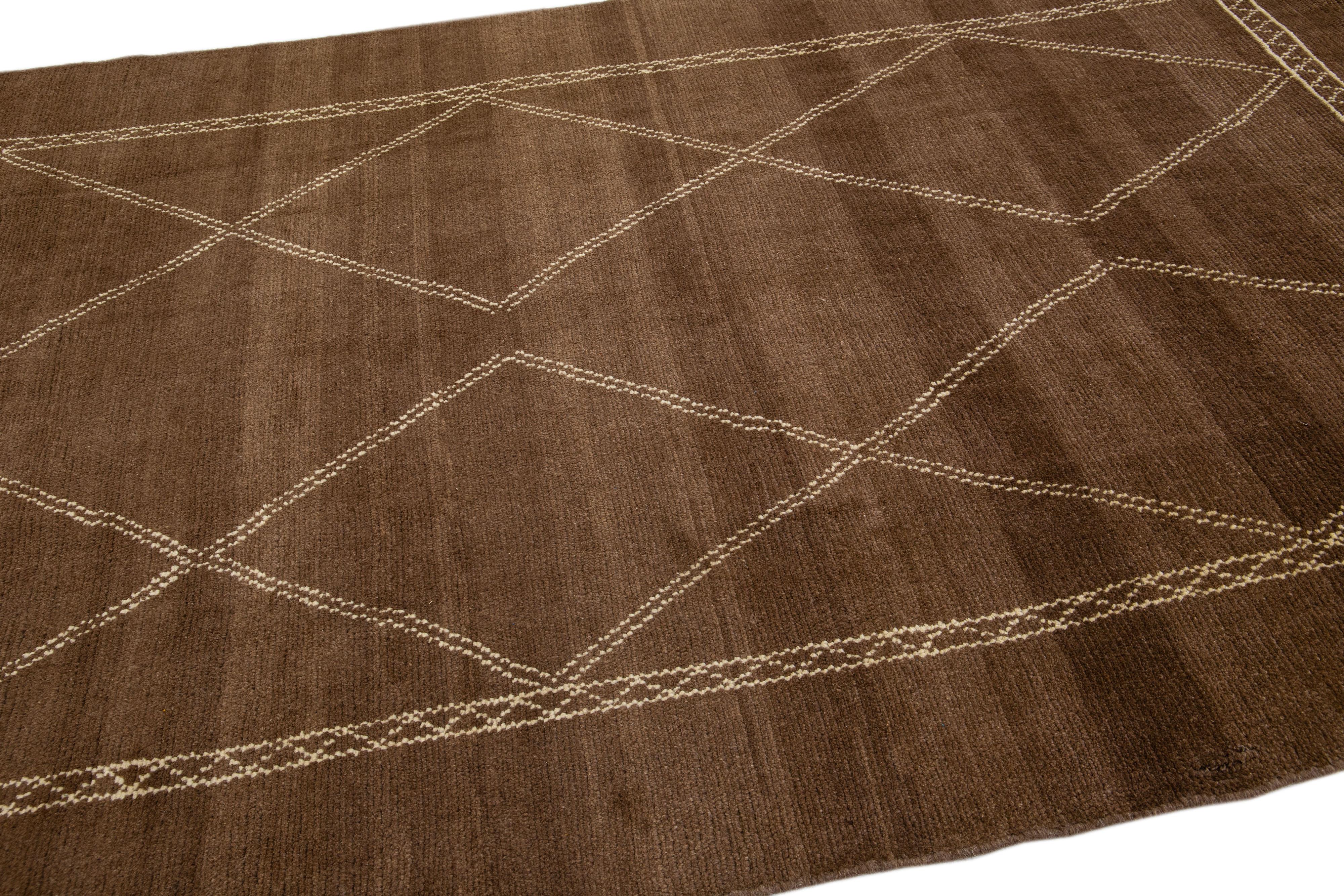 Modern Moroccan Style Brown Handmade Wool Rug with Geometric Pattern by Apadana For Sale 1