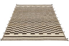 Modern Moroccan Style Checkerboard Wool Rug in Natural Ivory and Chocolate Brown