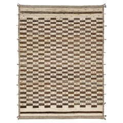 Modern Moroccan Style Checkerboard Wool Rug in Natural Ivory and Chocolate Brown