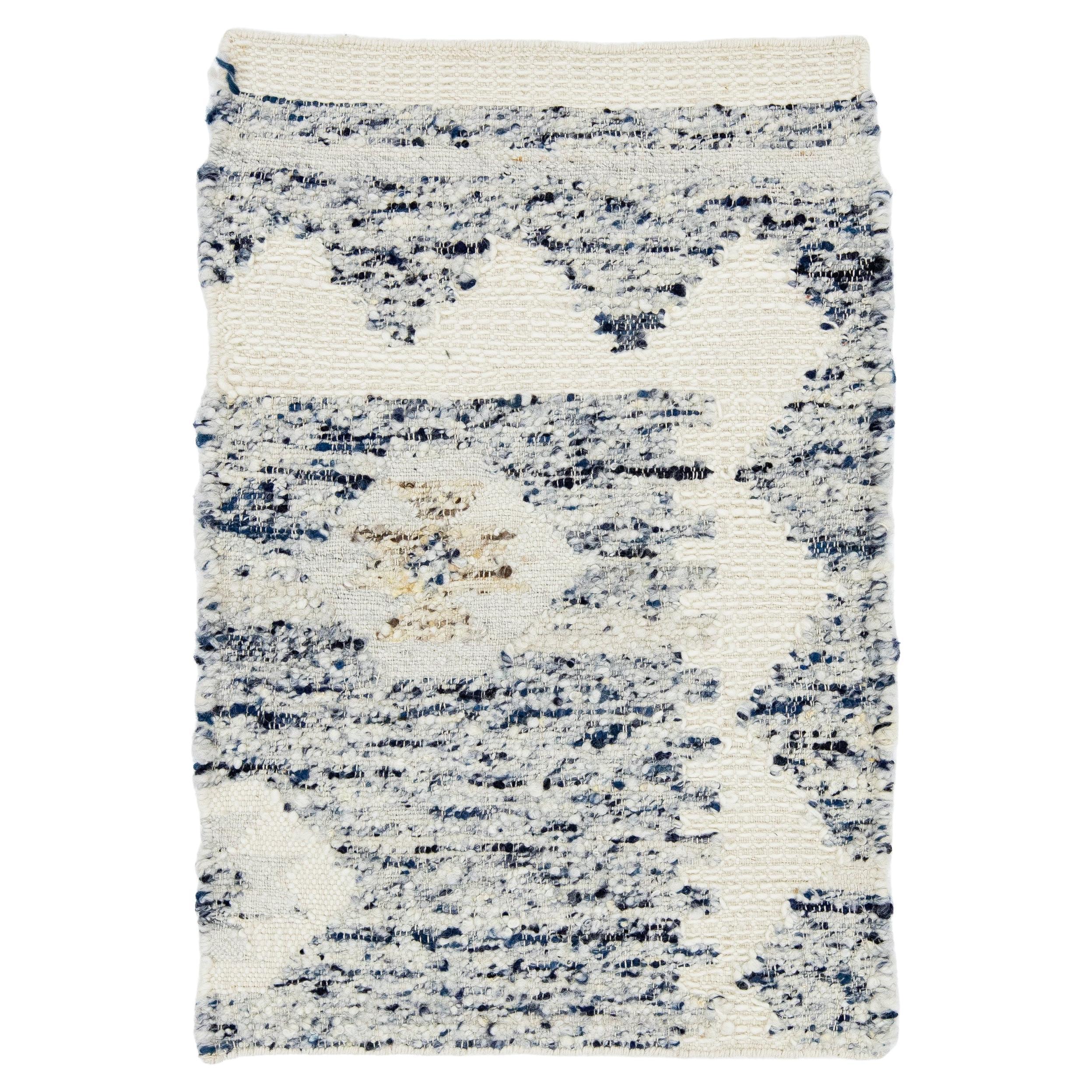 Tappeto in lana personalizzato in stile marocchino moderno Dhurrie avorio/blu