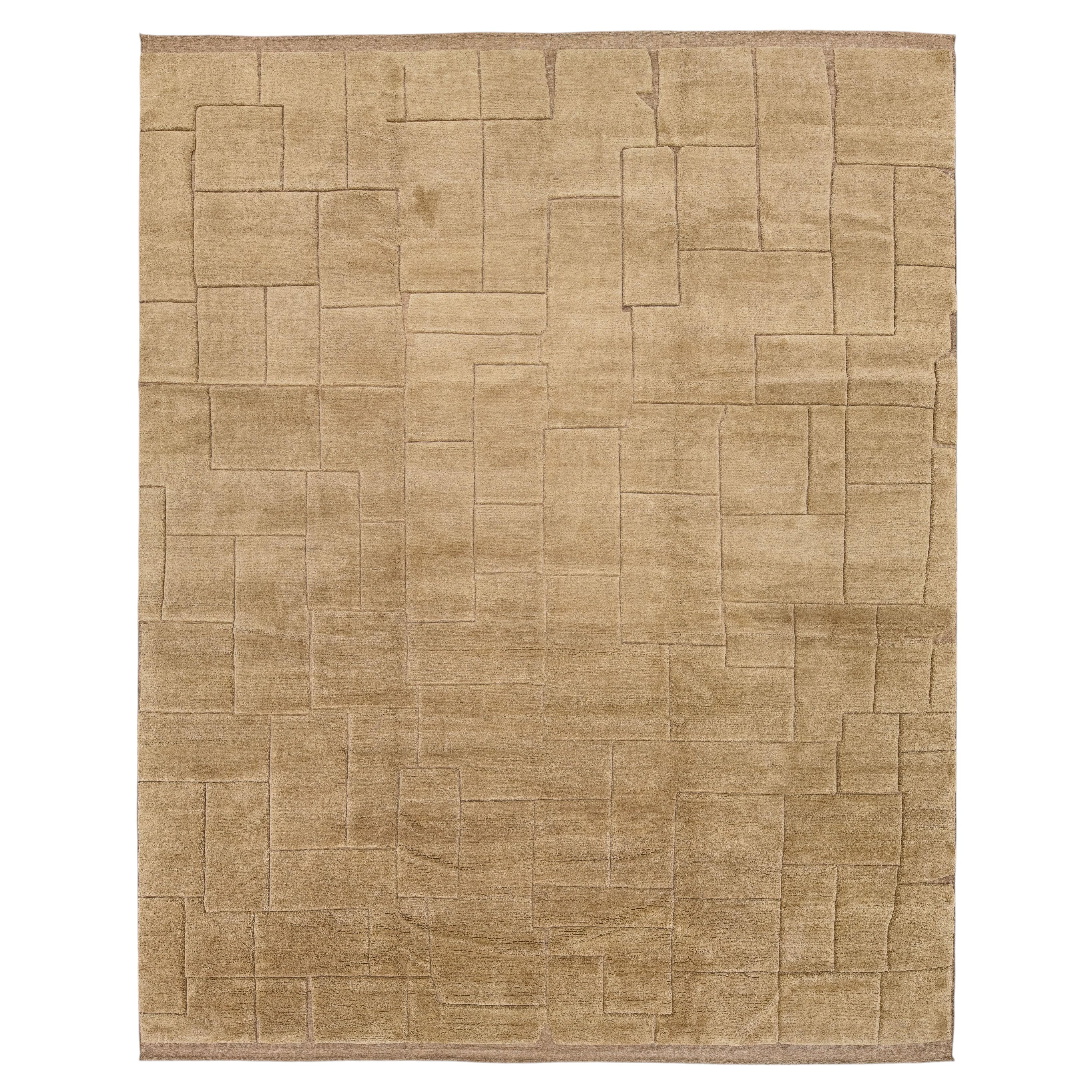 Modern Moroccan Style Geometric Wool Area Rug in Warm Camel Neutral