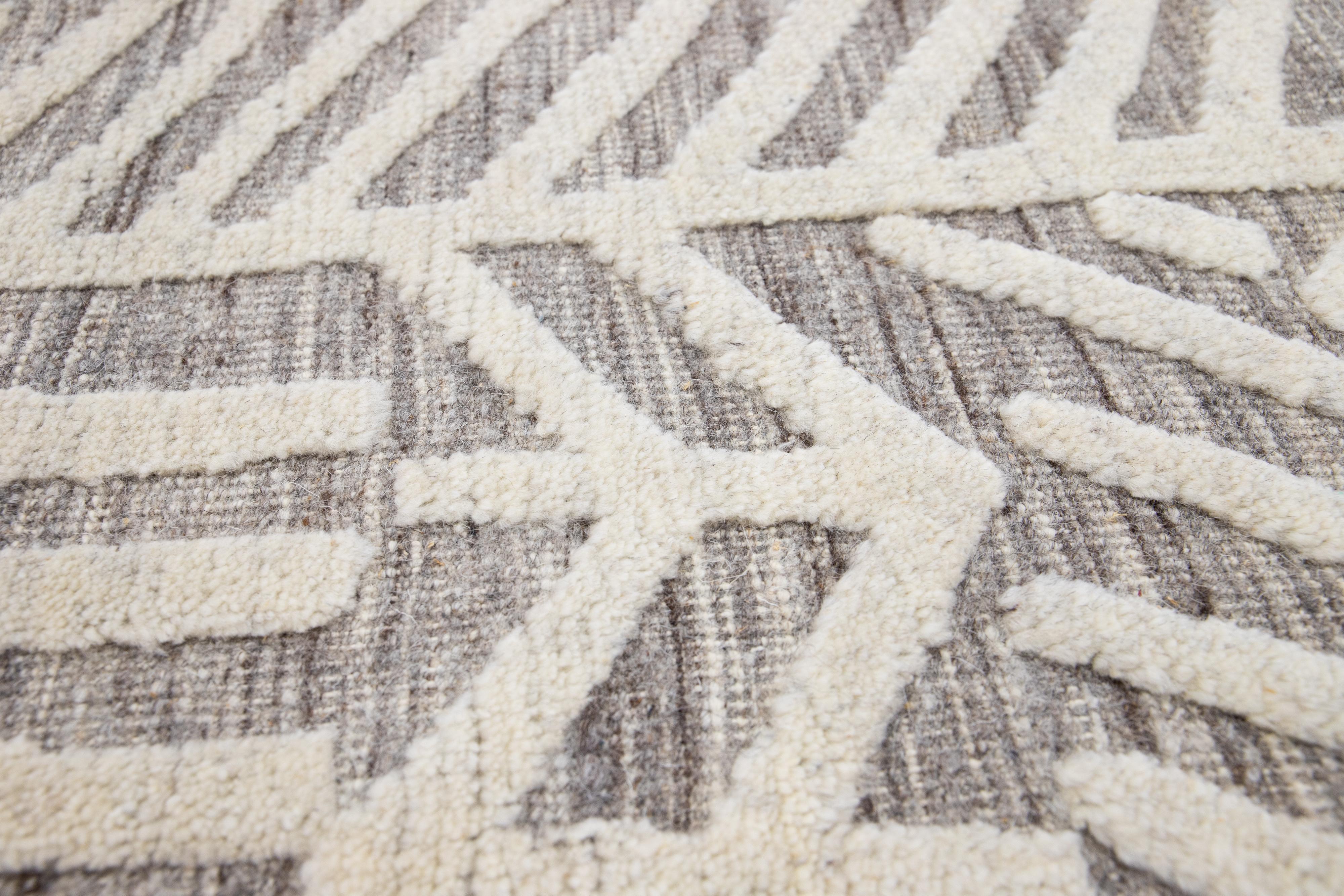 Hand-Knotted Modern Moroccan Style Gray Handmade Custom Wool Rug For Sale