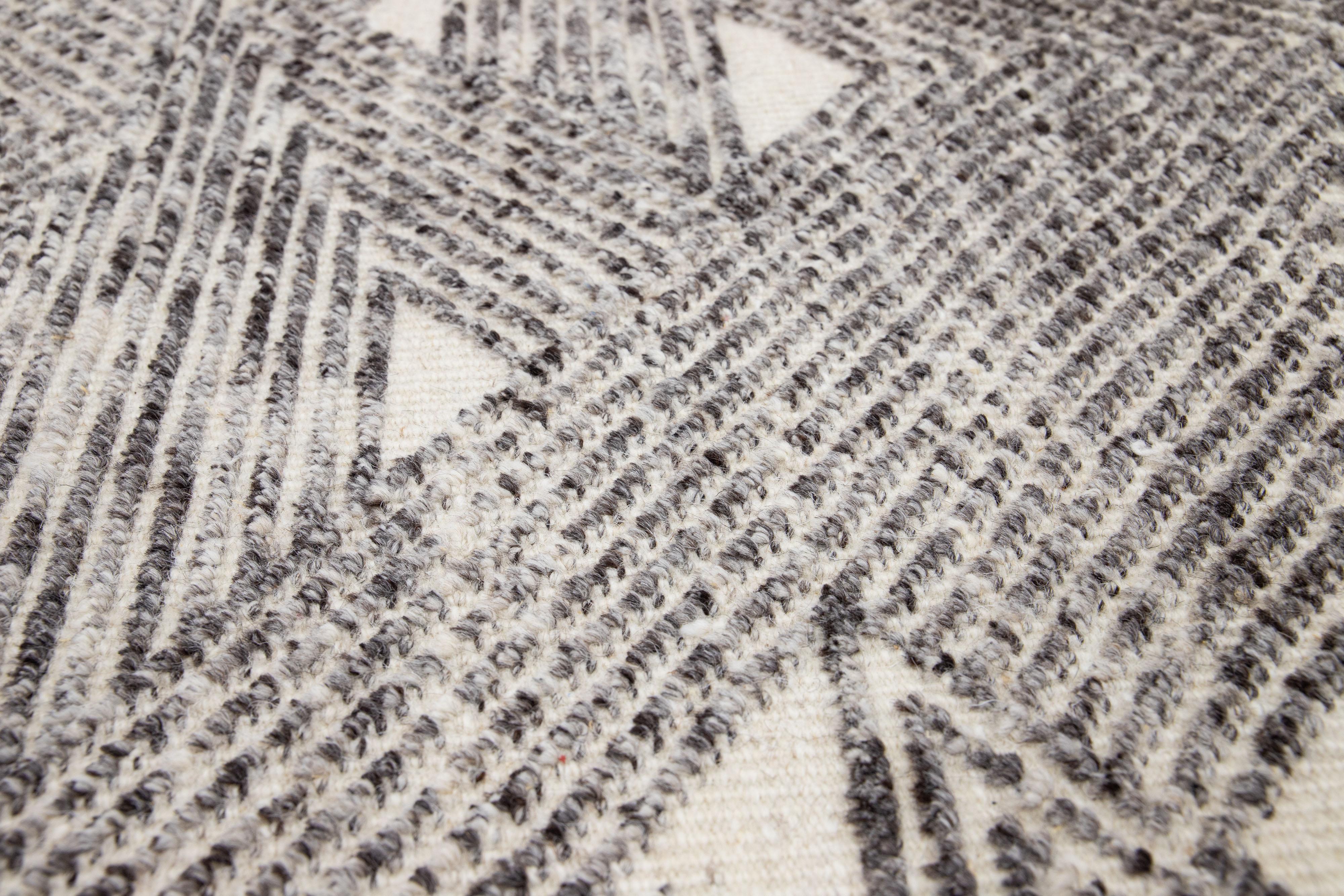 Hand-Knotted Modern Moroccan Style Gray Handmade Custom Wool Rug For Sale