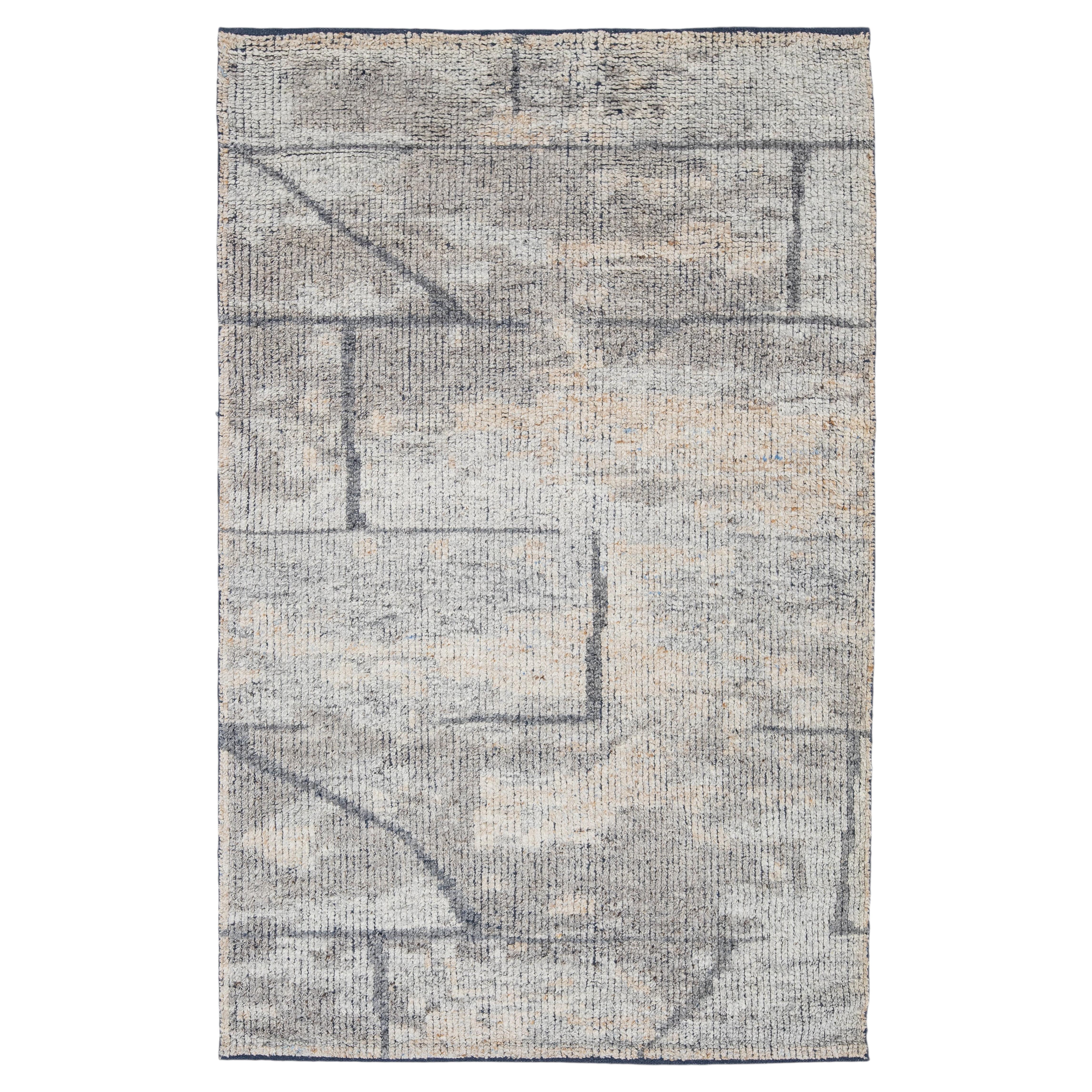 Modern Moroccan Style Hand-Knotted Wool Area Rug Neutral Gray & Cream Abstract