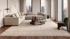 Modern Moroccan Style Hand-Knotted Wool Rug with Abstract Linear Motif & Striped