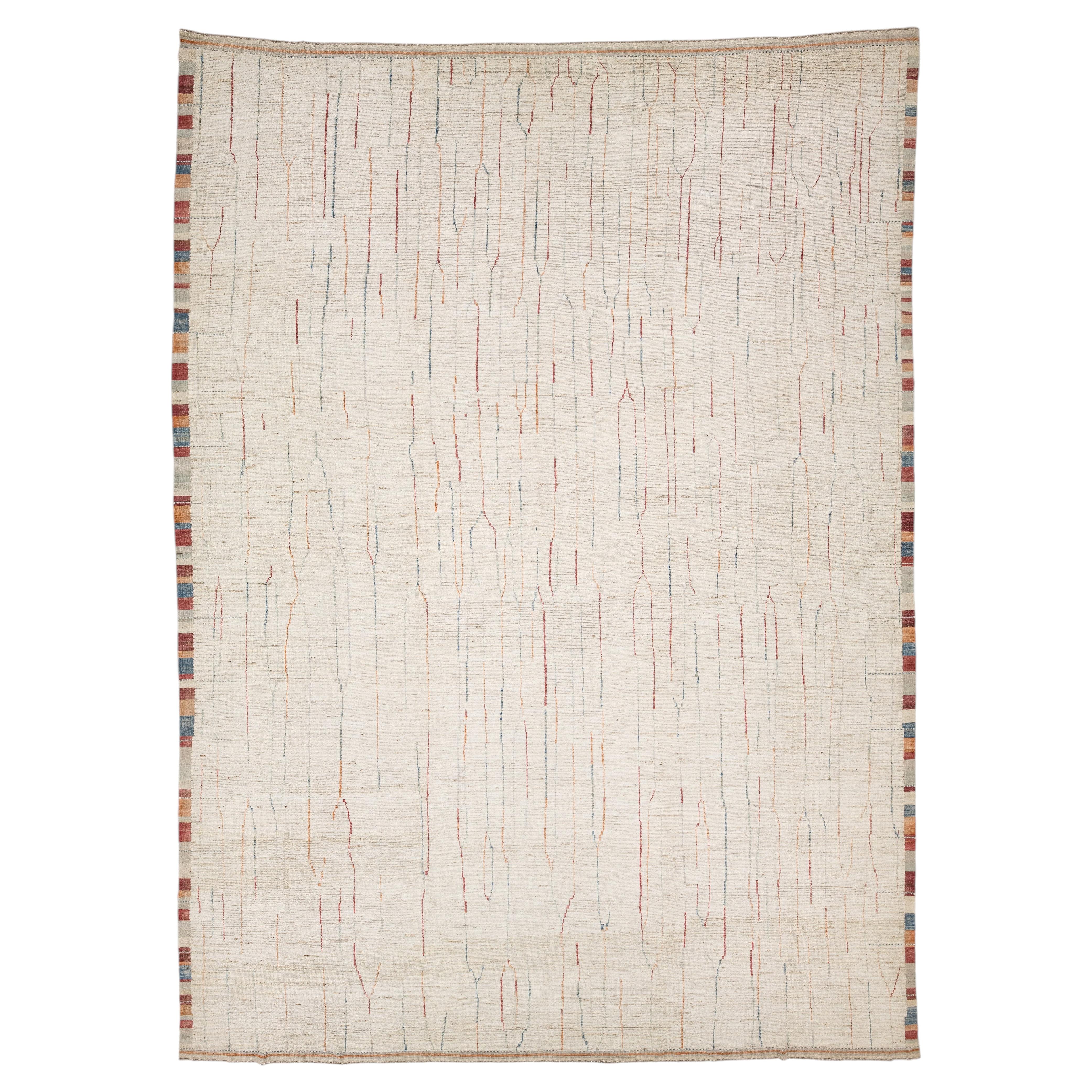 Modern Moroccan Style Hand-Knotted Wool Rug with Abstract Linear Motif & Striped For Sale