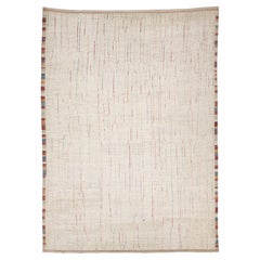 Modern Moroccan Style Hand-Knotted Wool Rug with Abstract Linear Motif & Striped