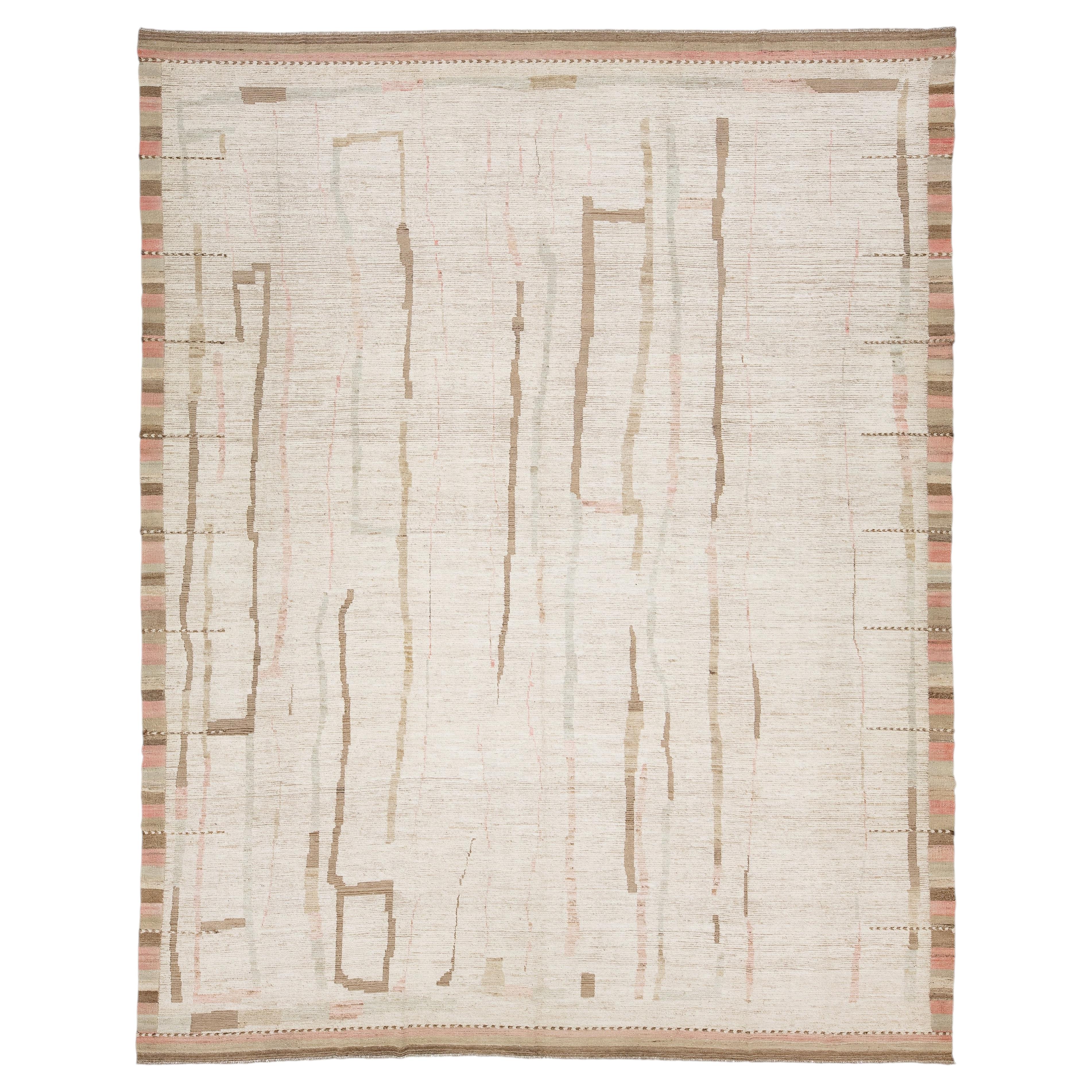 Modern Moroccan Style Hand-Knotted Wool Rug with Abstract Pastel & Taupe Lines