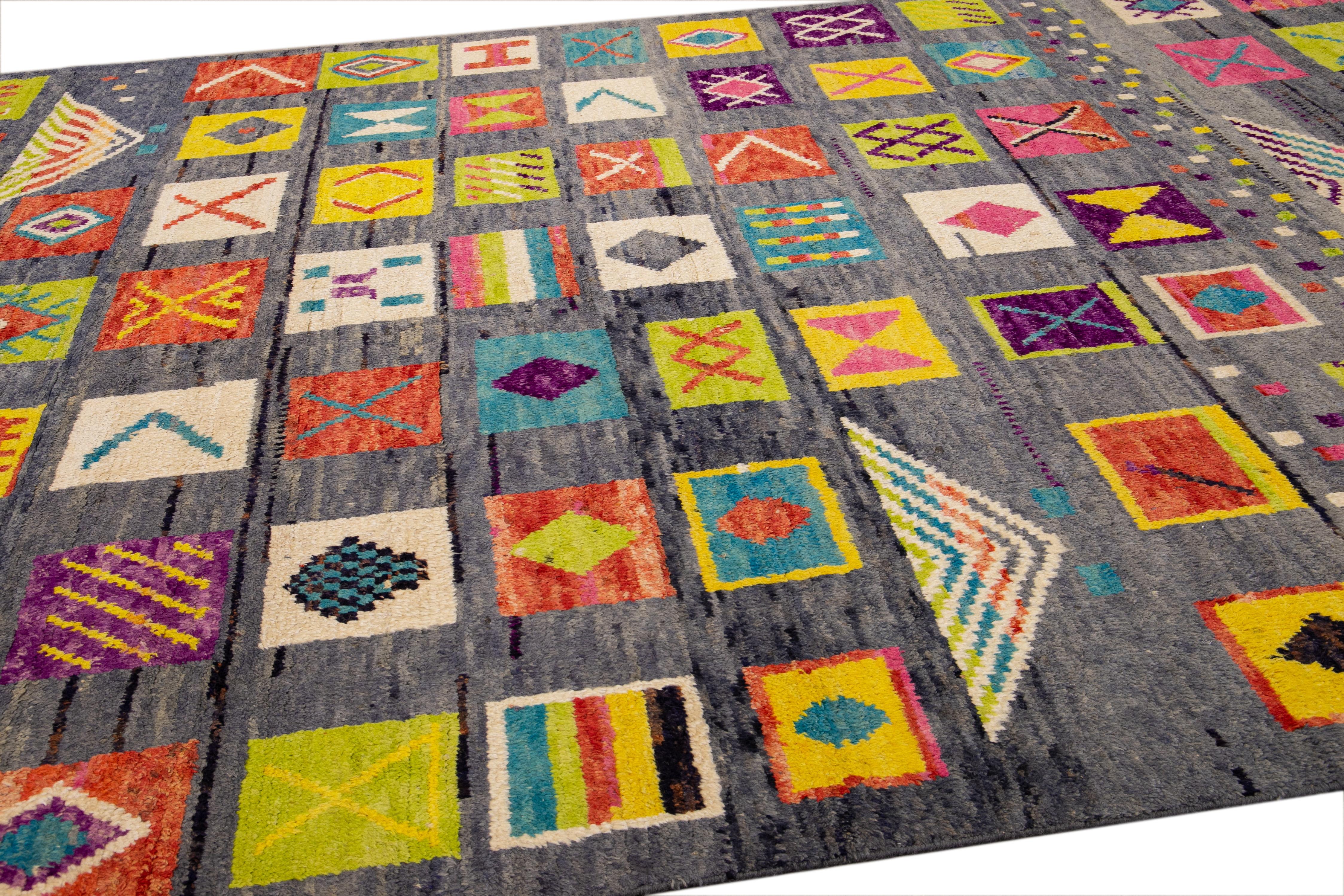 Hand-Knotted Modern Moroccan Style Handmade Allover Pattern Multicolor Boho Wool Rug For Sale