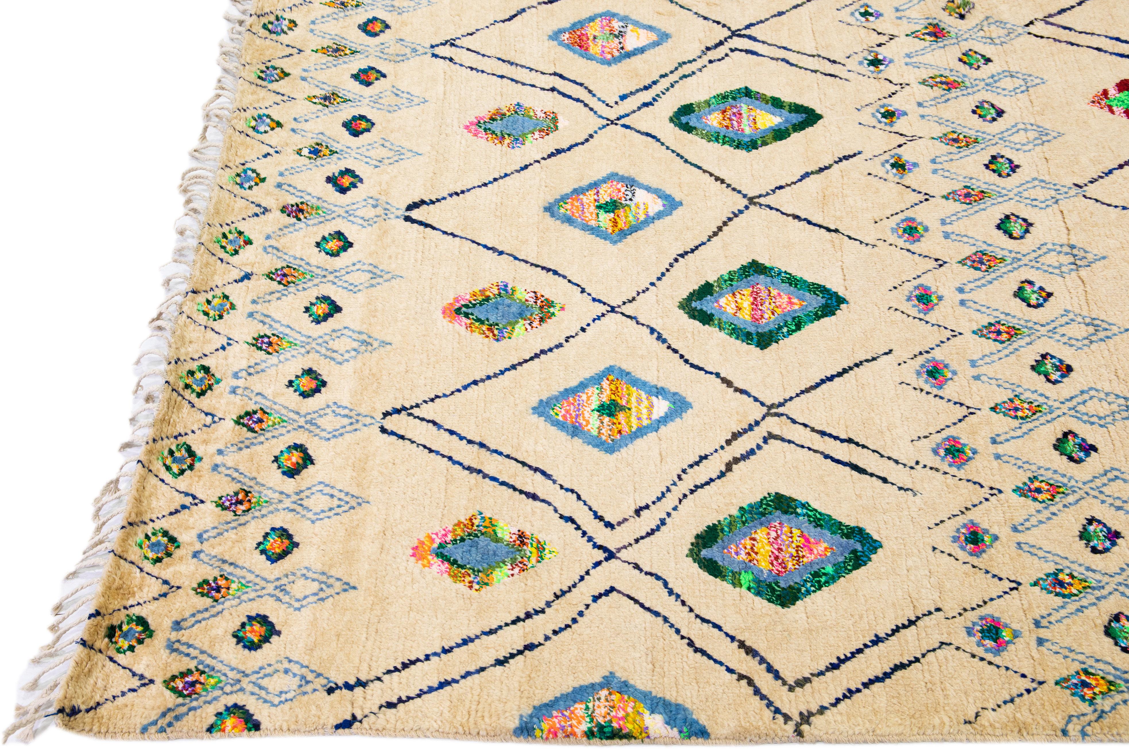 Hand-Knotted Modern Moroccan Style Handmade Beige Wool Rug With Tribal Design For Sale