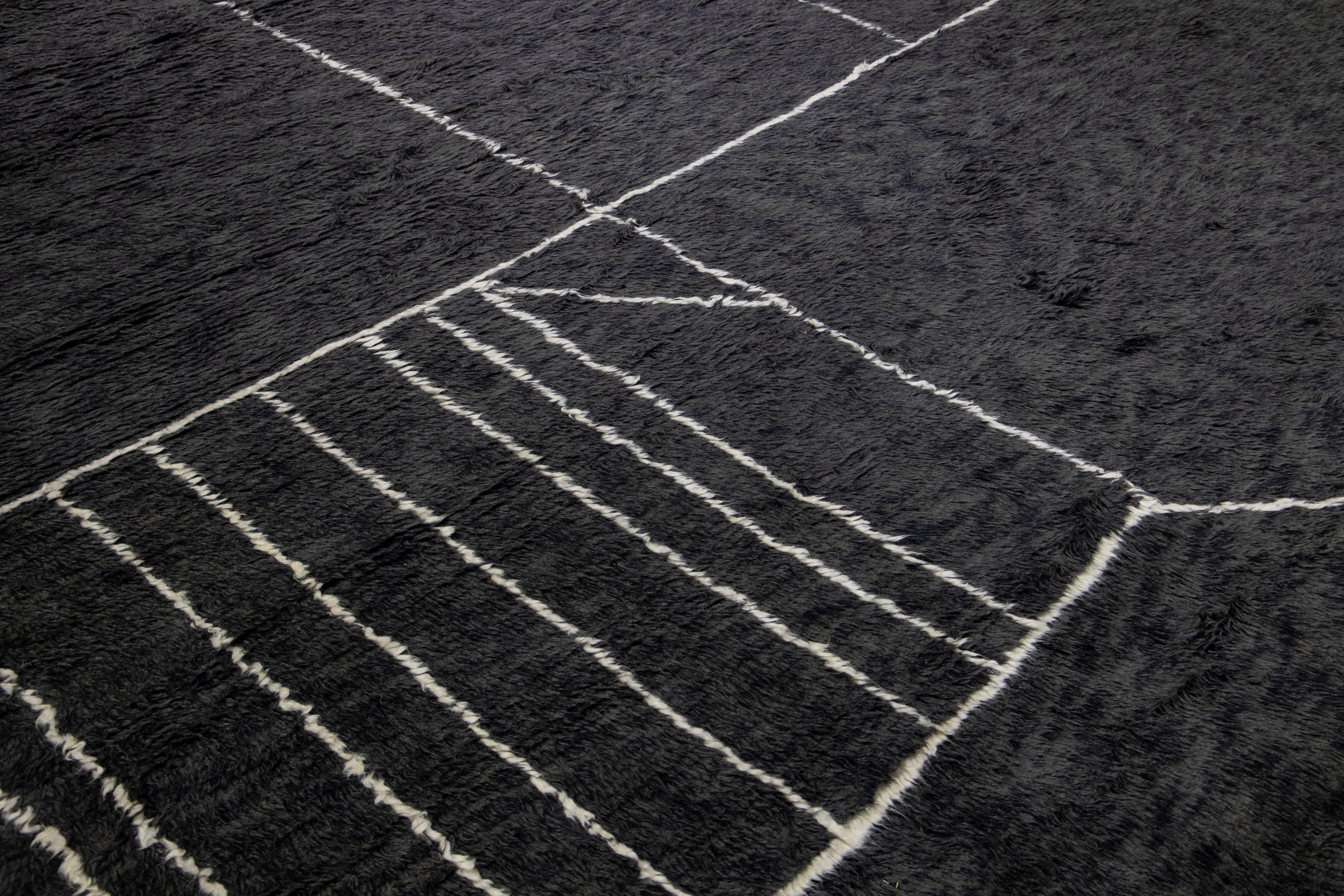 Modern Moroccan Style Handmade Black Abstract Wool Rug by Apadana For Sale 3