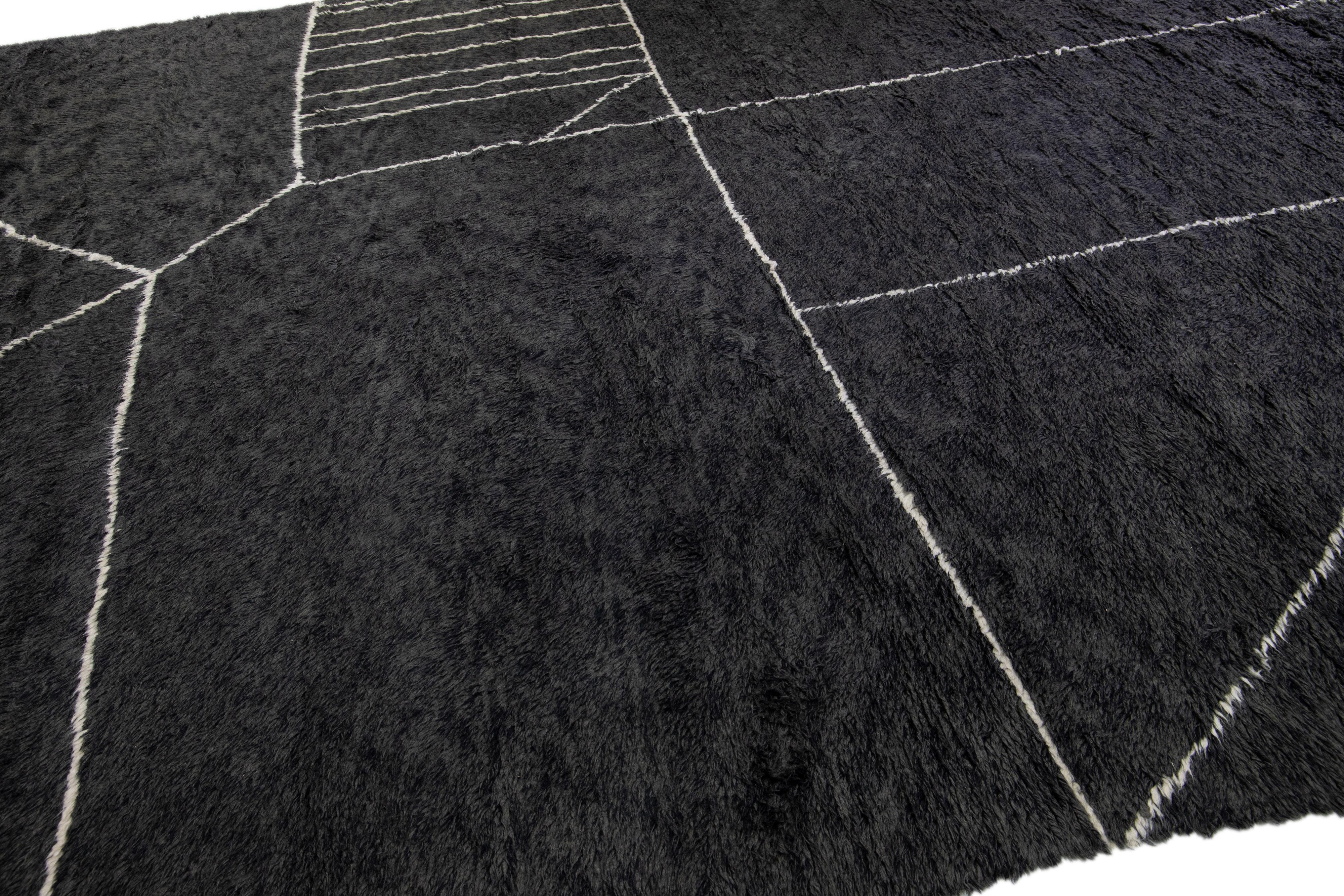 Hand-Knotted Modern Moroccan Style Handmade Black Abstract Wool Rug by Apadana For Sale