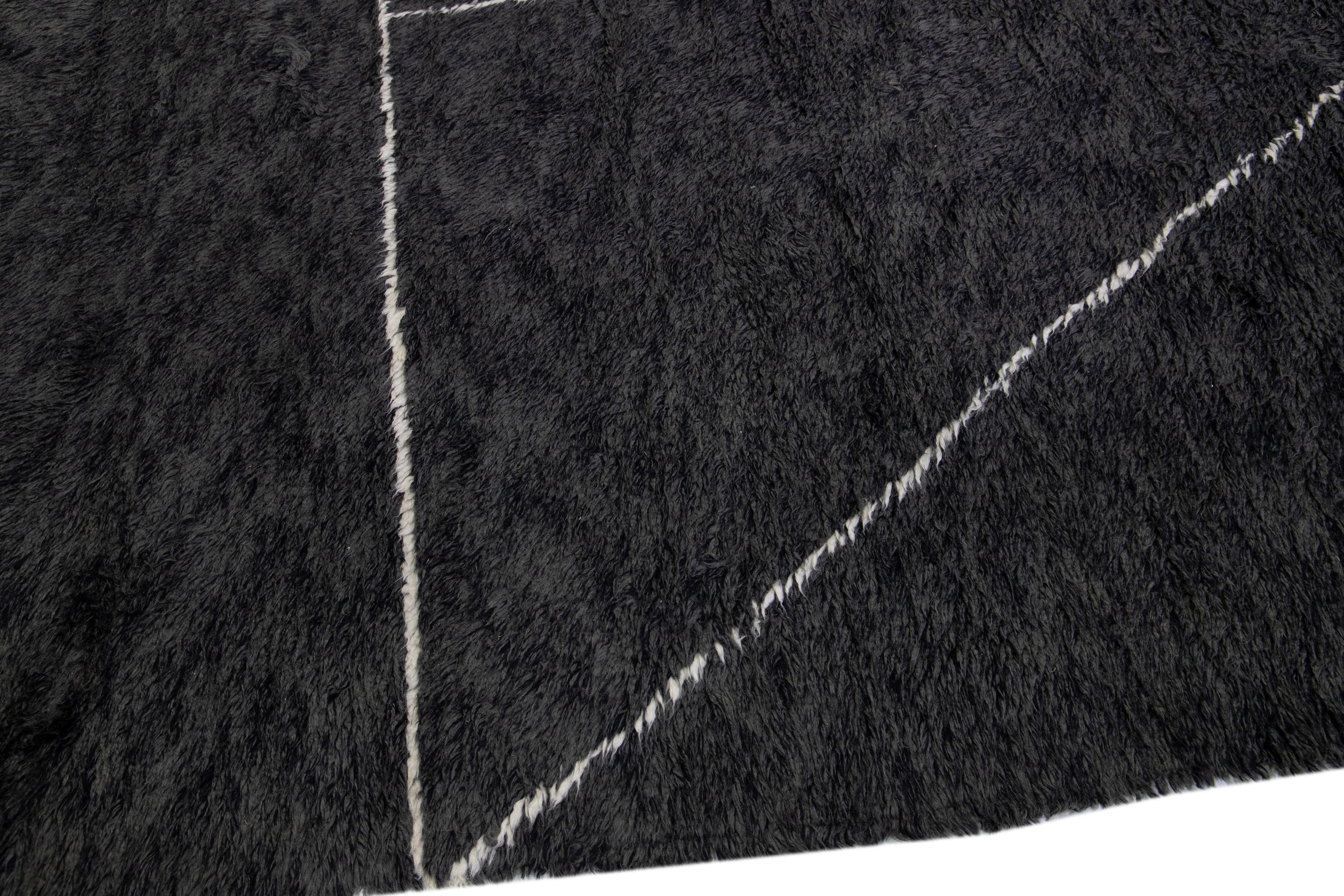 Contemporary Modern Moroccan Style Handmade Black Abstract Wool Rug by Apadana For Sale