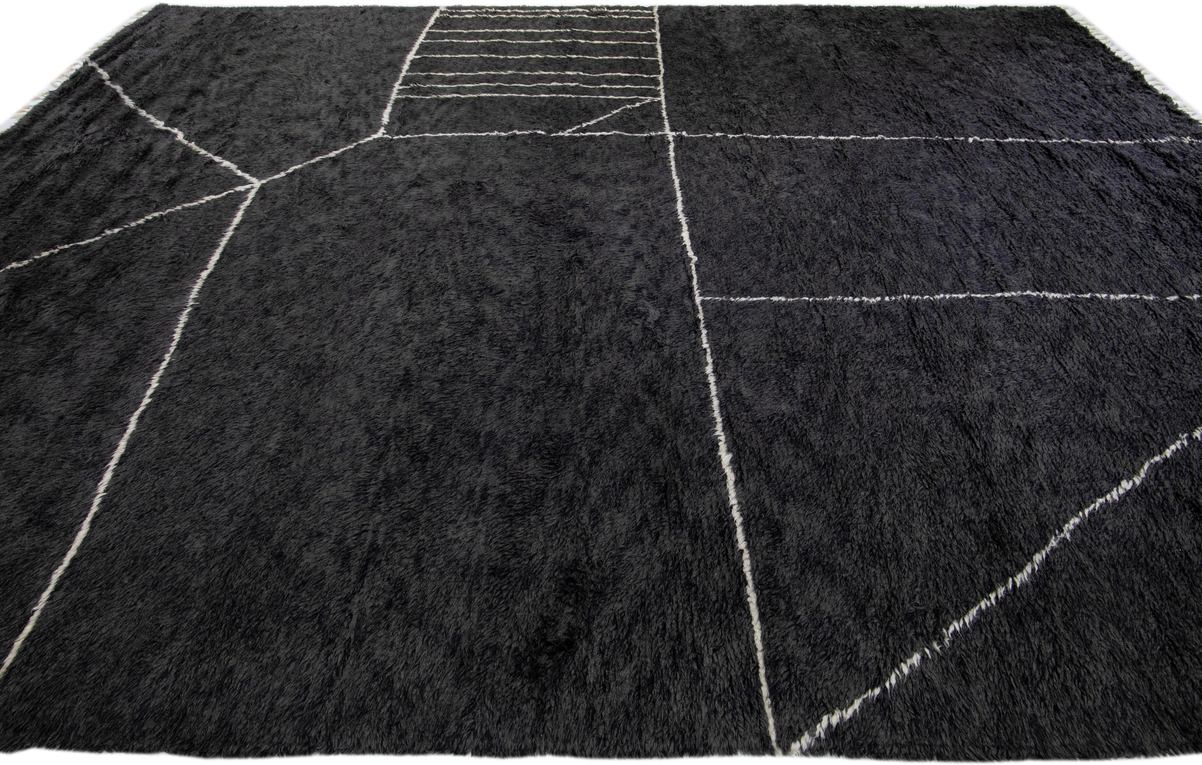 Modern Moroccan Style Handmade Black Abstract Wool Rug by Apadana For Sale 1