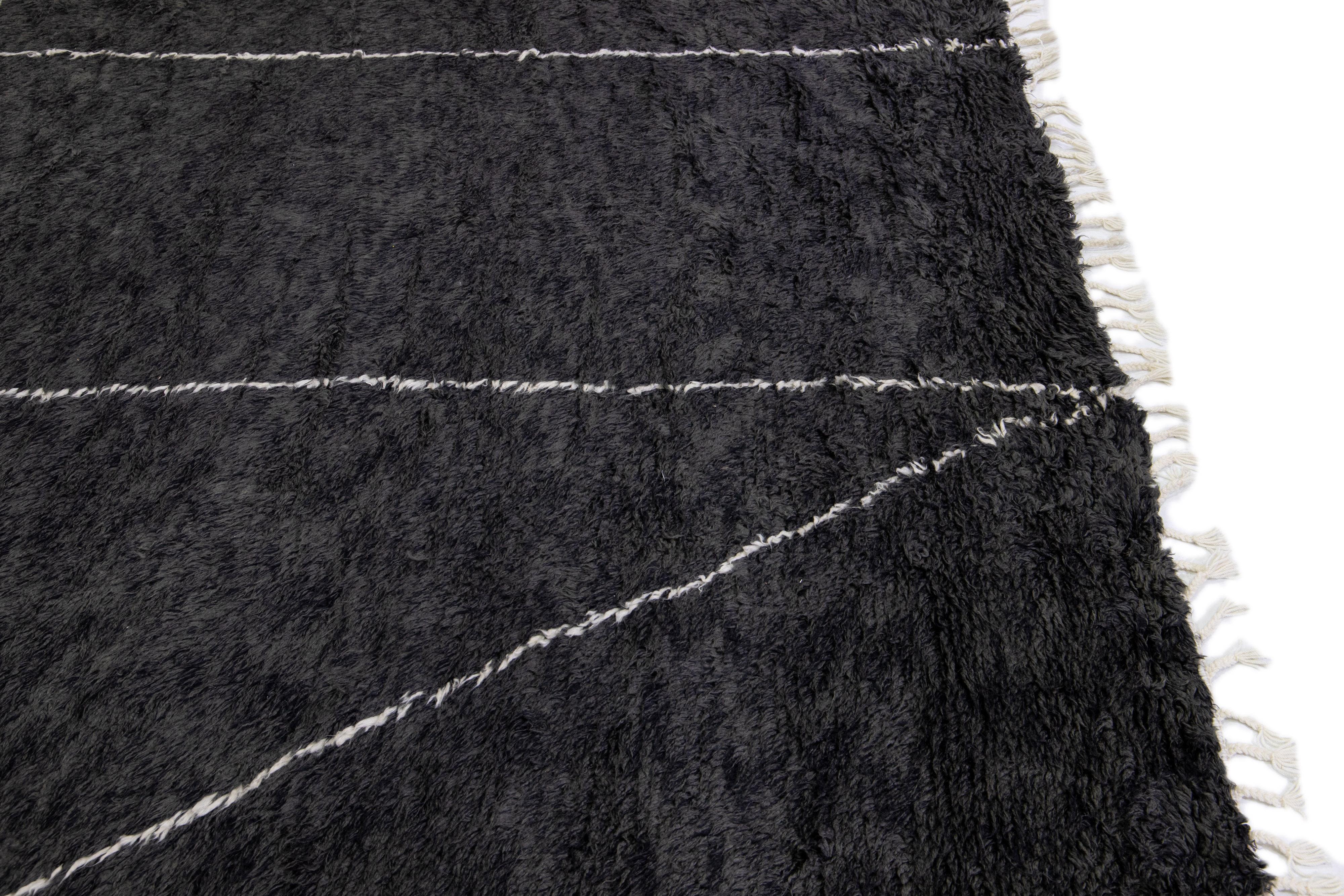 Modern Moroccan Style Handmade Black Abstract Wool Rug by Apadana For Sale 2