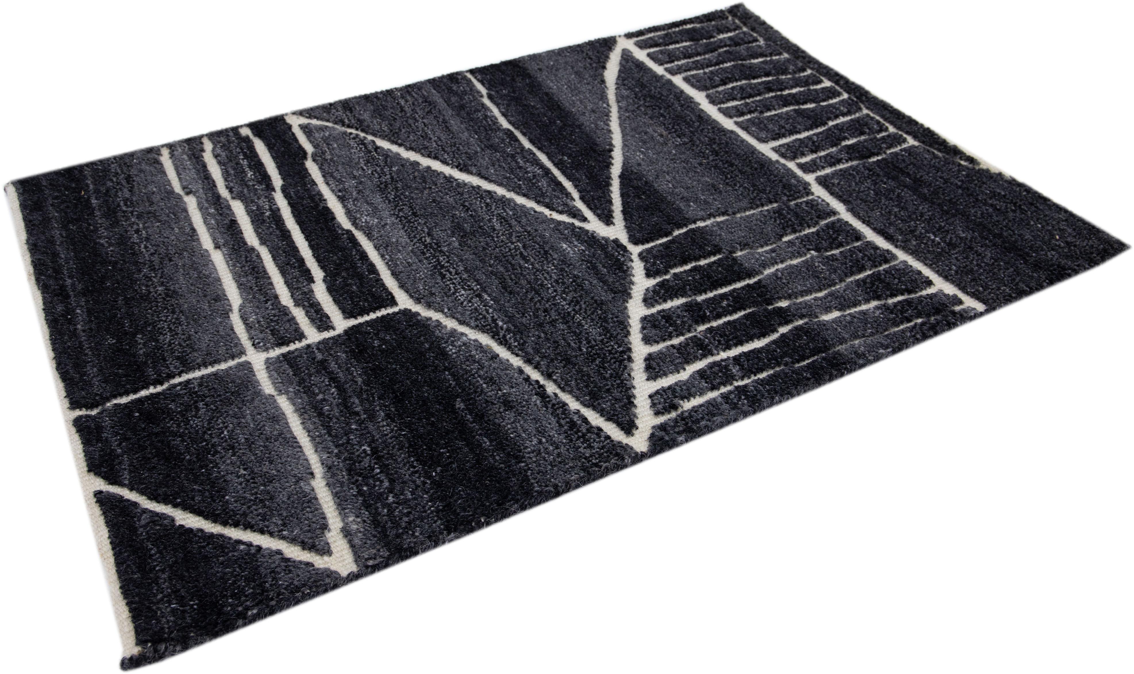 Modern Moroccan Style Handmade Black Custom Wool Rug In New Condition For Sale In Norwalk, CT