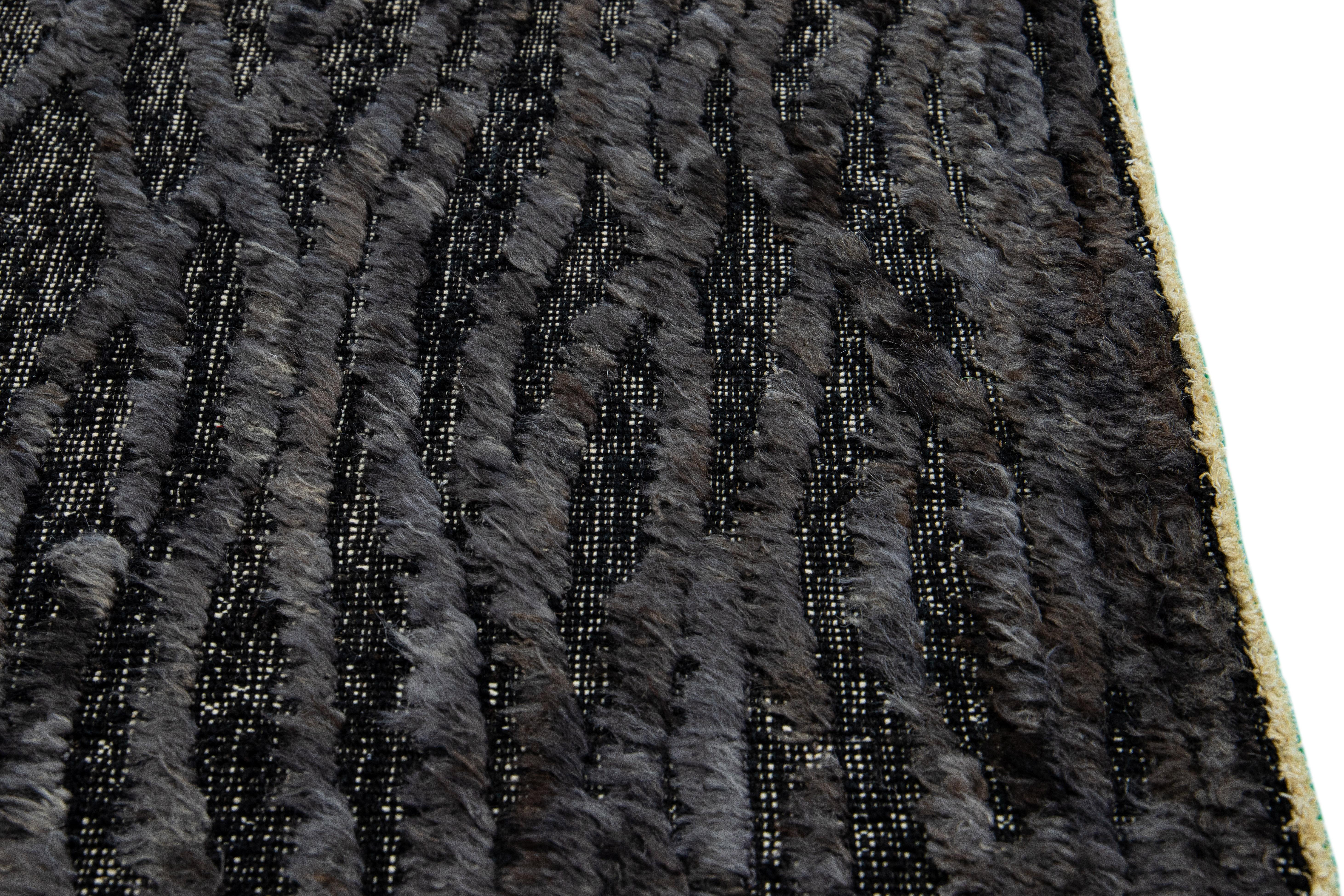 Indian Modern Moroccan Style Handmade Black/Gray Custom Wool Rug For Sale