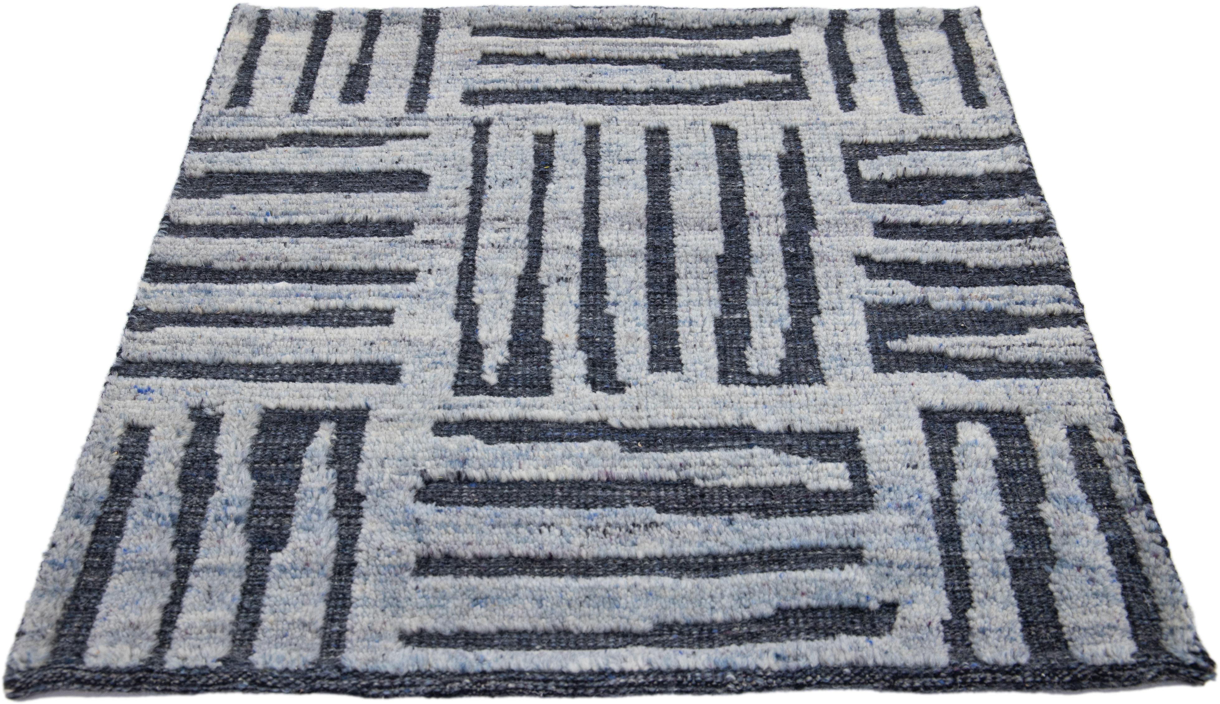 Hand-Knotted Modern Moroccan Style Handmade Blue Abstract Custom Wool Rug For Sale