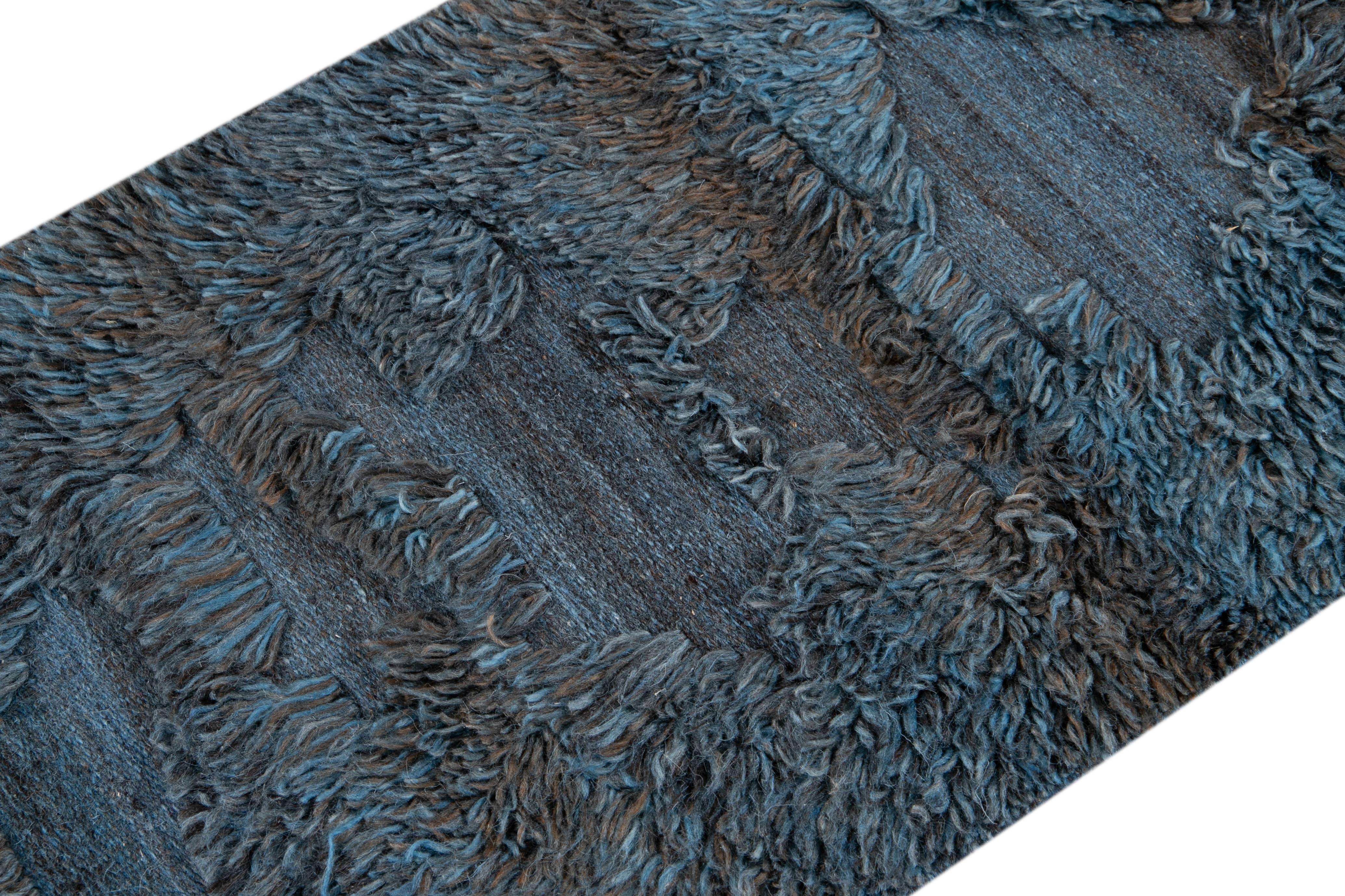 Indian Modern Moroccan Style Handmade Blue & Brown Custom Wool Rug For Sale