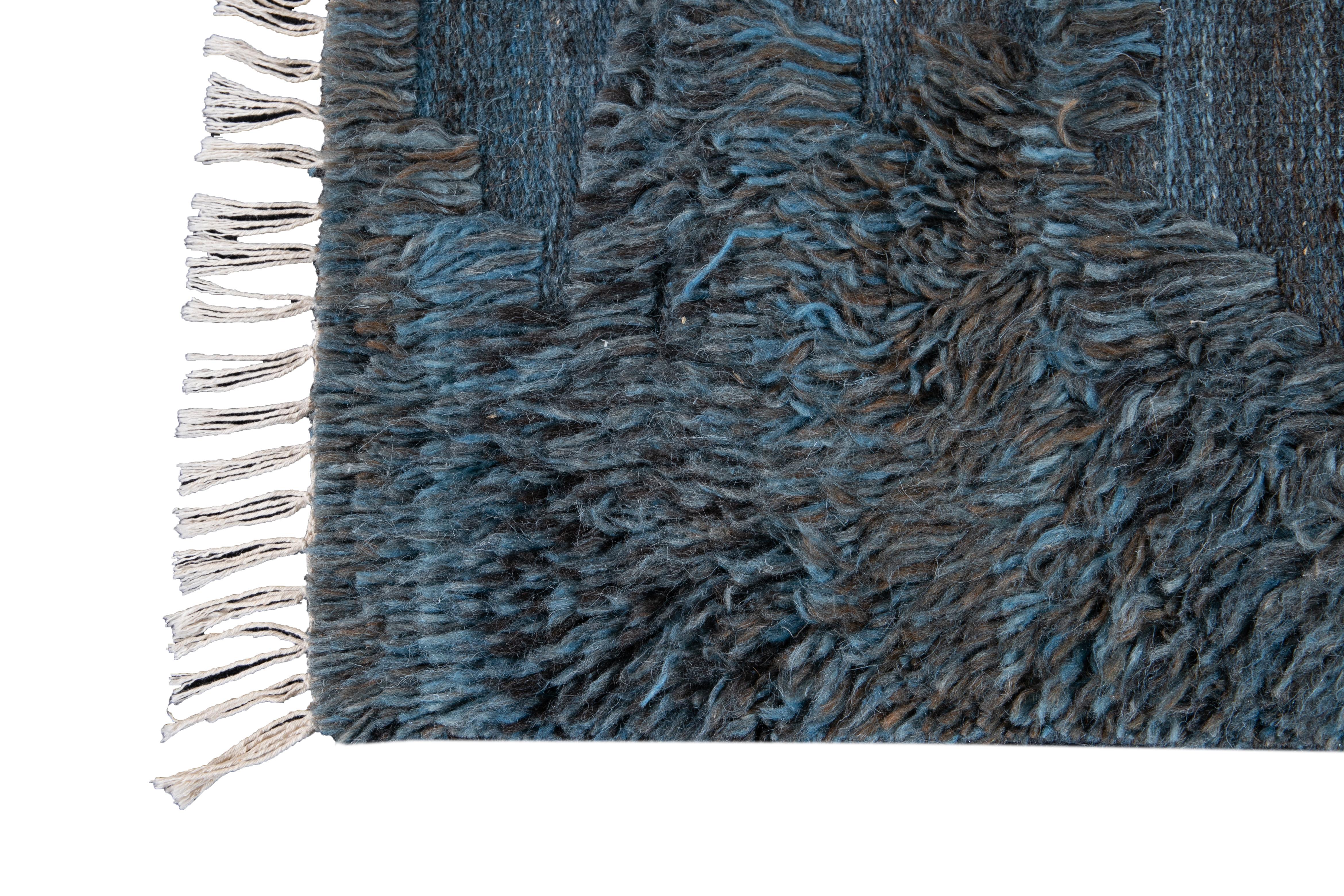 Hand-Knotted Modern Moroccan Style Handmade Blue & Brown Custom Wool Rug For Sale