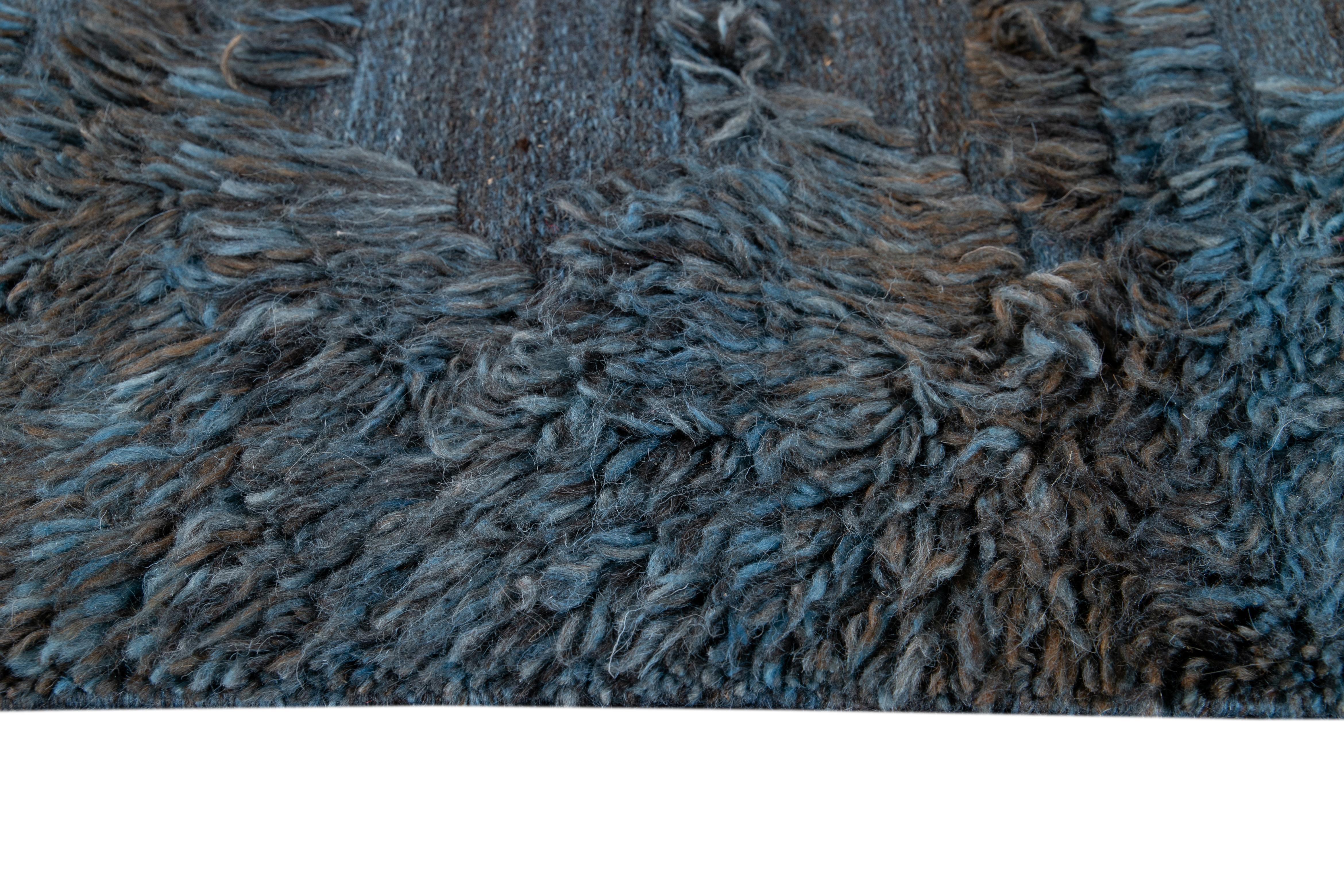 Modern Moroccan Style Handmade Blue & Brown Custom Wool Rug In New Condition For Sale In Norwalk, CT