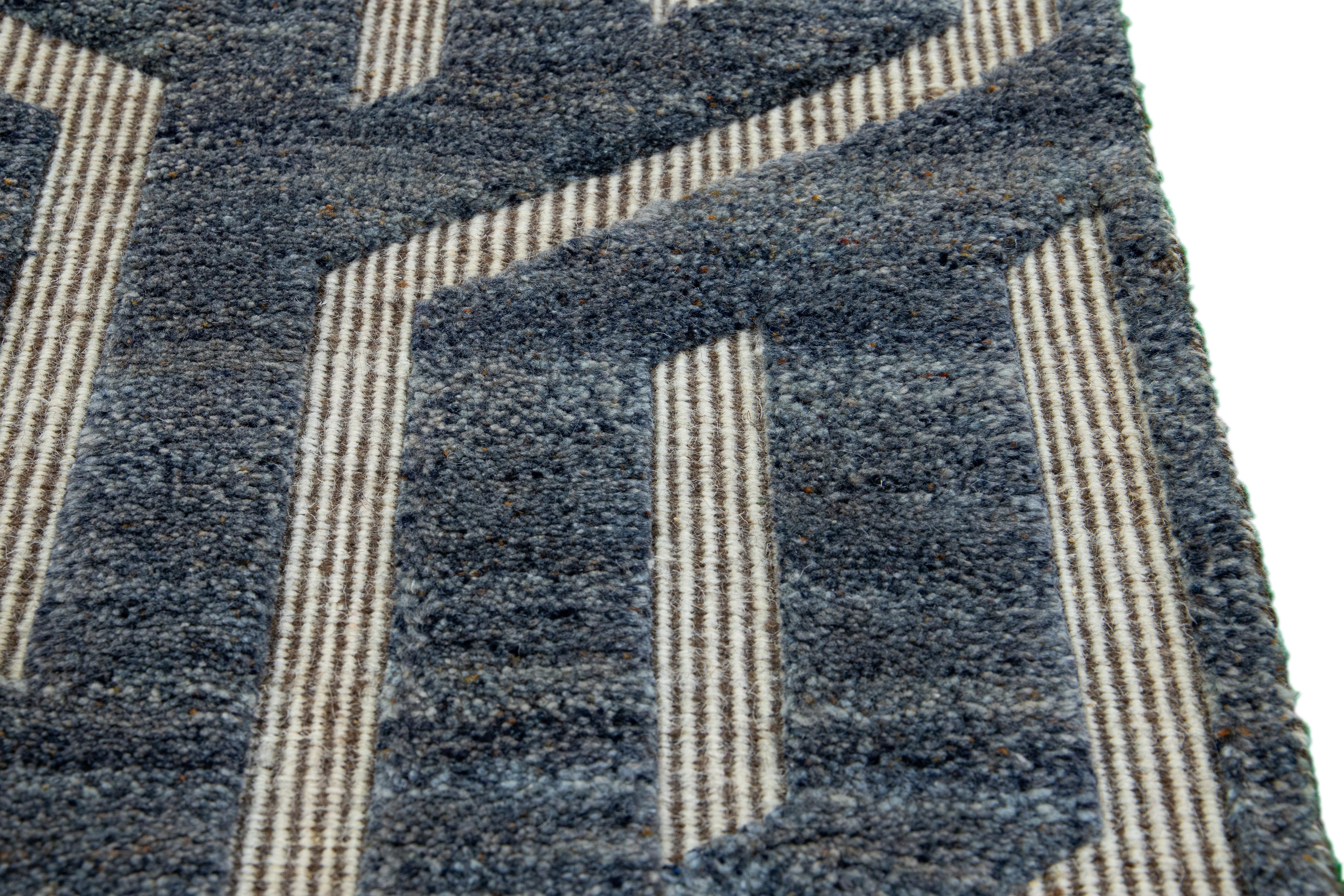 Indian Modern Moroccan Style Handmade Blue Custom Wool Rug For Sale