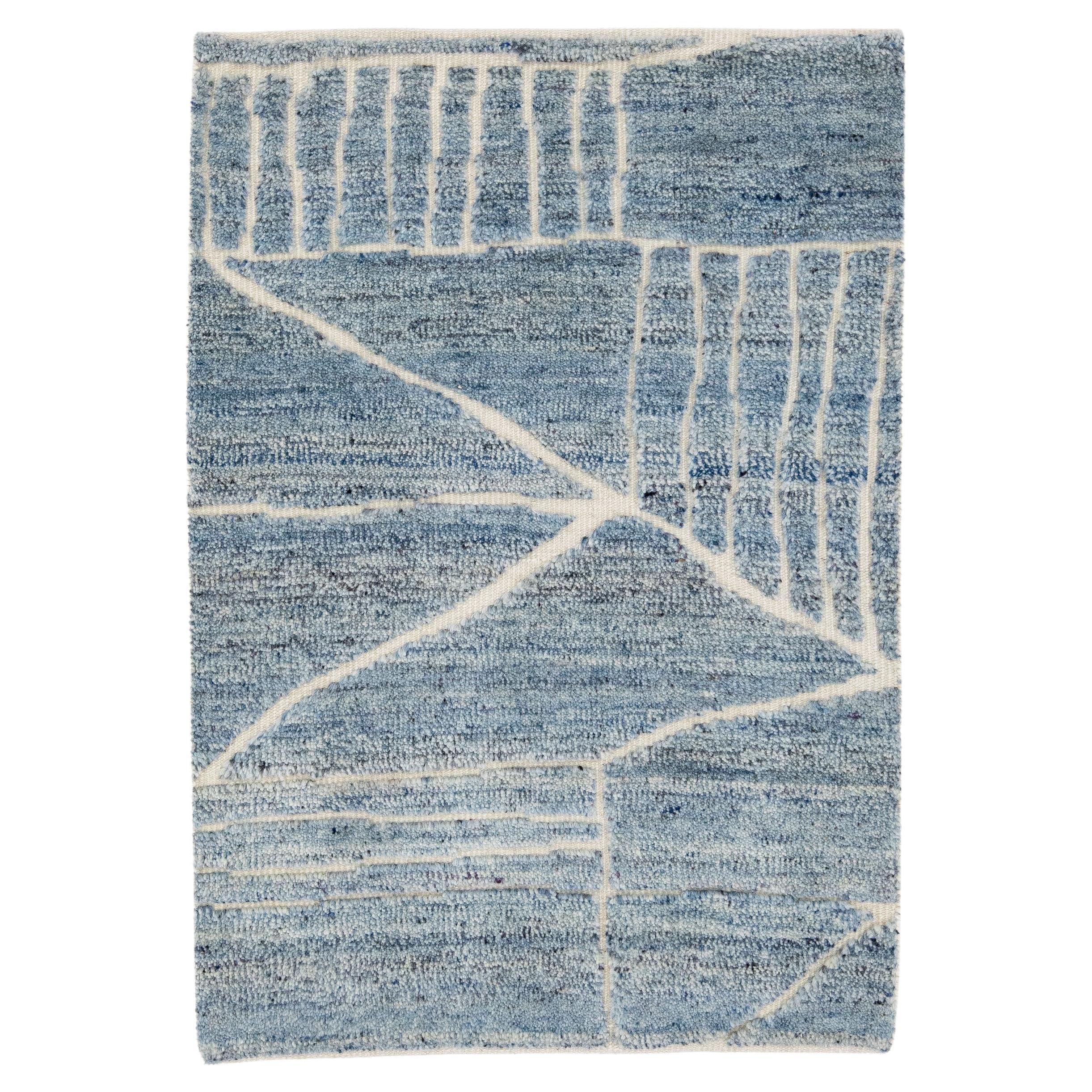 Modern Moroccan Style Handmade Blue Custom Wool Rug For Sale