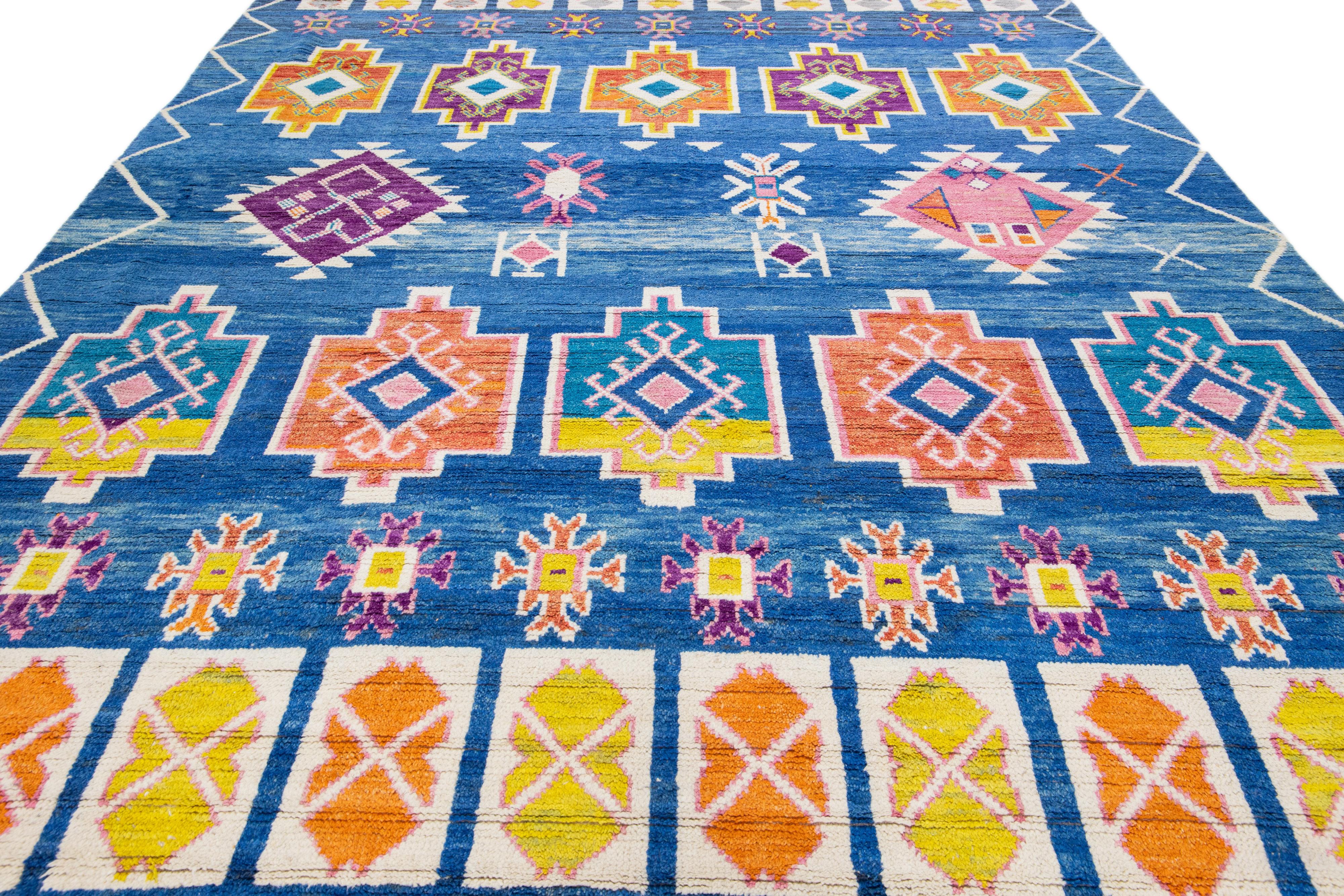 Indian  Modern Moroccan Style Handmade Blue Wool Rug with Geometric Tribal Pattern For Sale