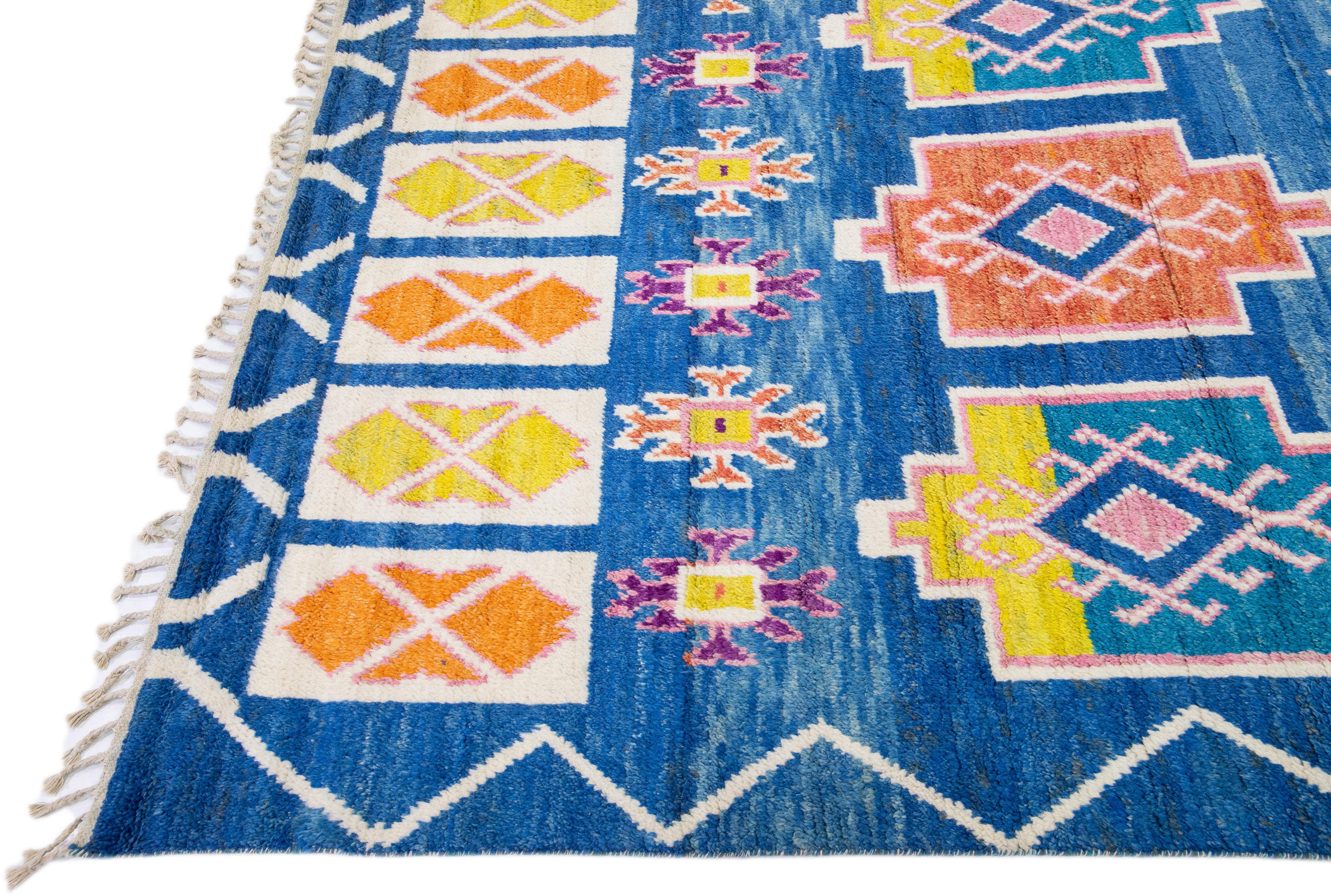 Hand-Knotted  Modern Moroccan Style Handmade Blue Wool Rug with Geometric Tribal Pattern For Sale
