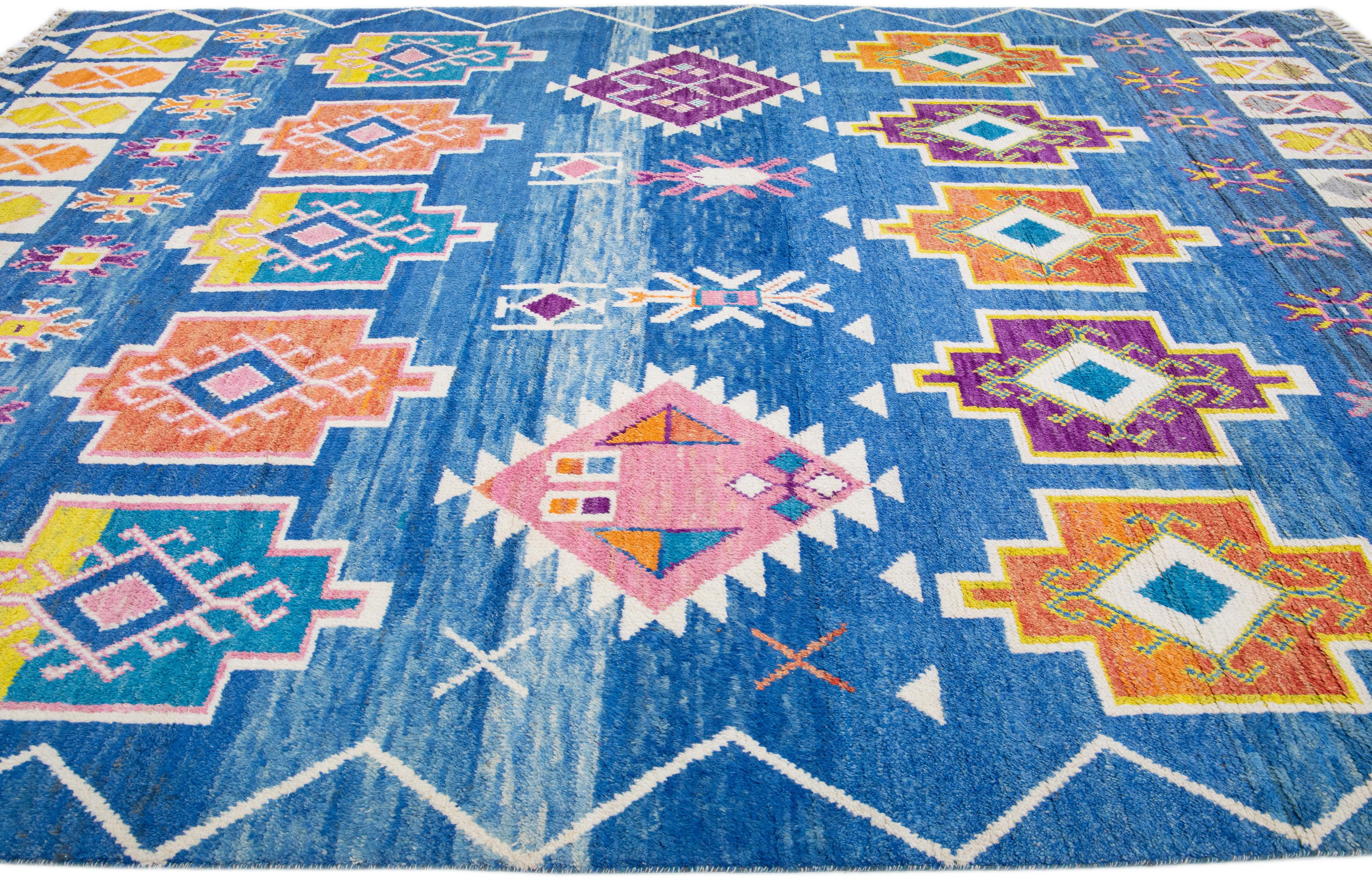  Modern Moroccan Style Handmade Blue Wool Rug with Geometric Tribal Pattern In New Condition For Sale In Norwalk, CT