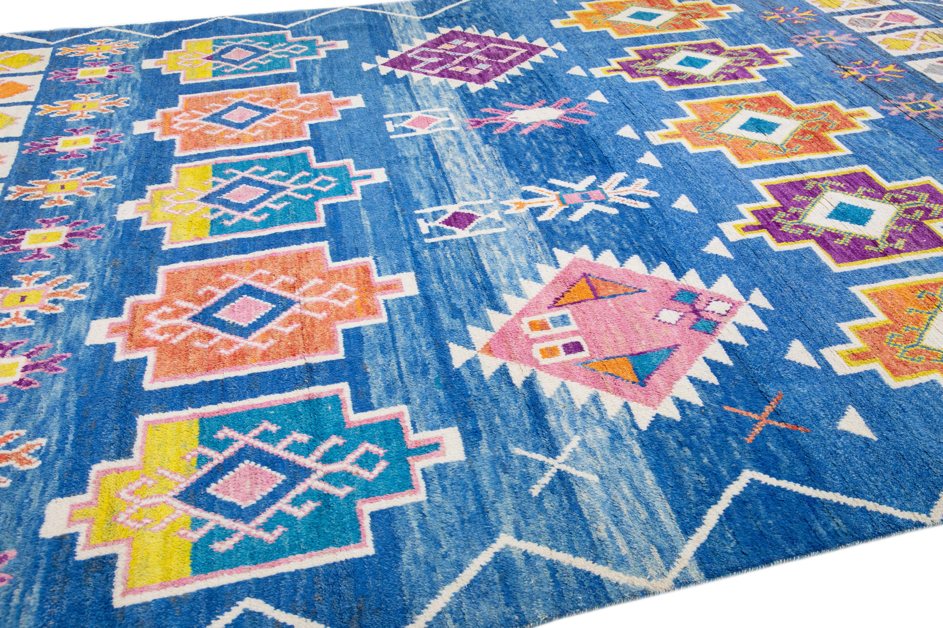 Contemporary  Modern Moroccan Style Handmade Blue Wool Rug with Geometric Tribal Pattern For Sale