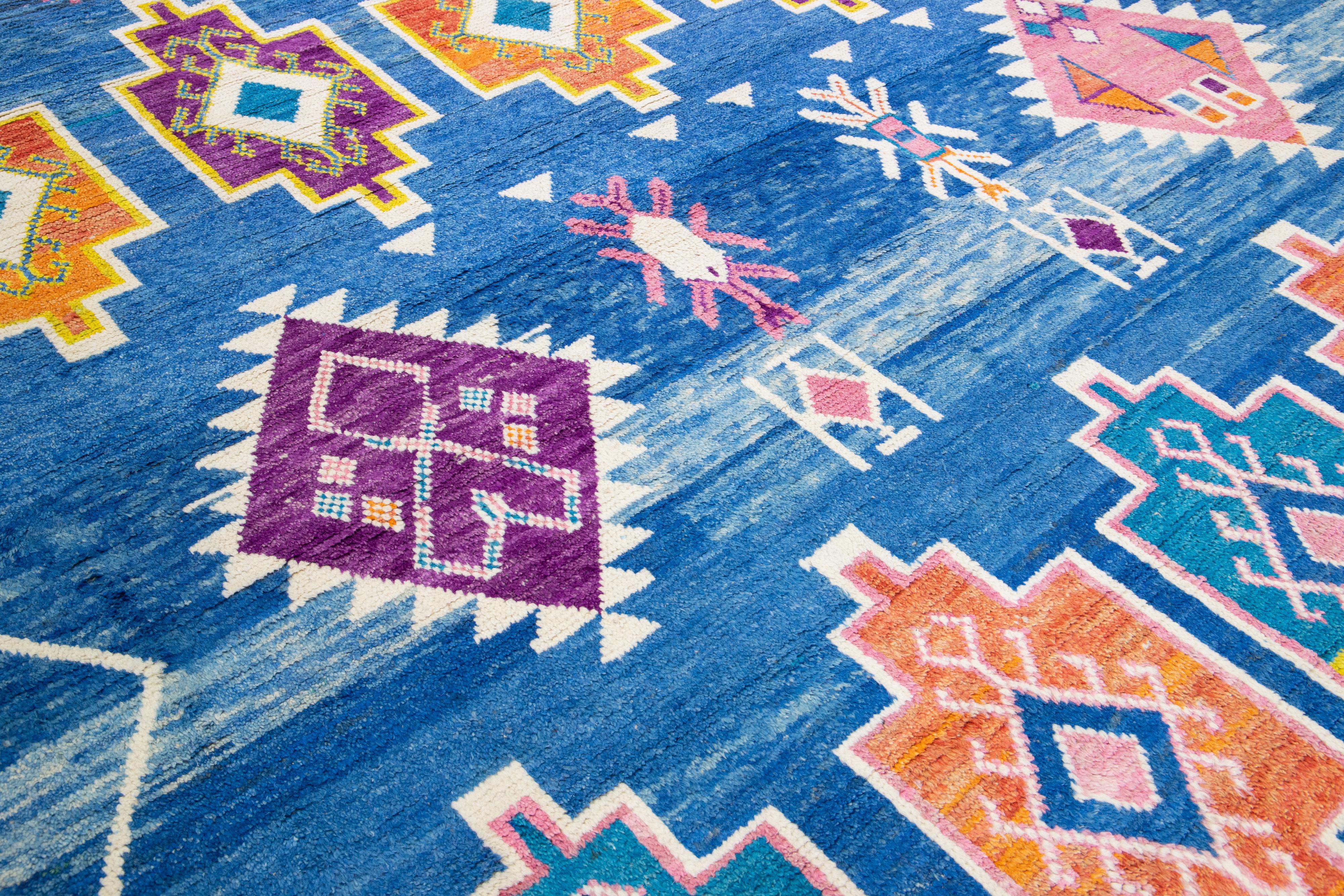 Modern Moroccan Style Handmade Blue Wool Rug with Geometric Tribal Pattern For Sale 3