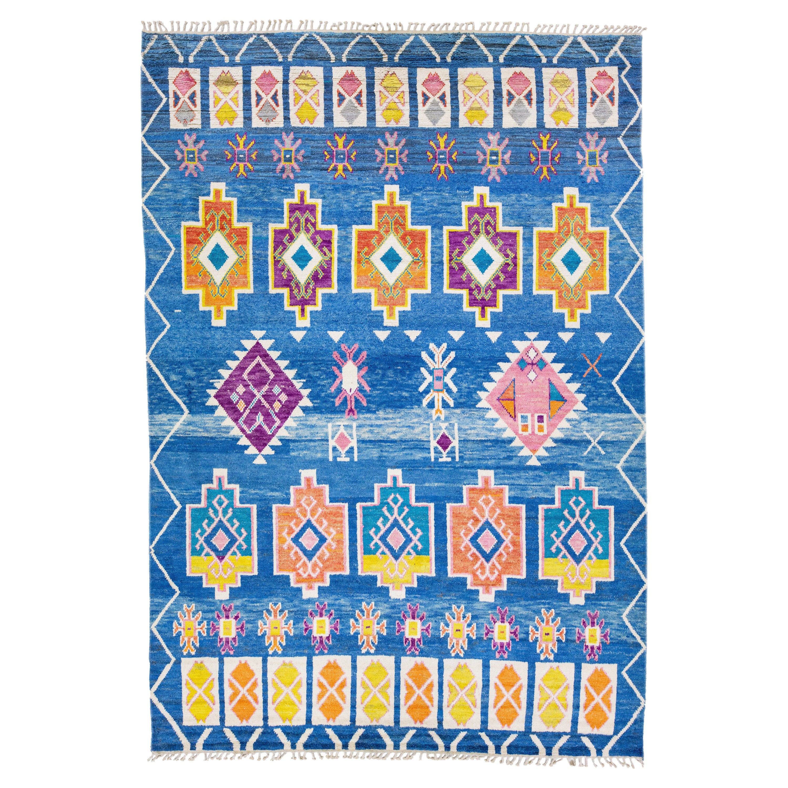 Modern Moroccan Style Handmade Blue Wool Rug with Geometric Tribal Pattern