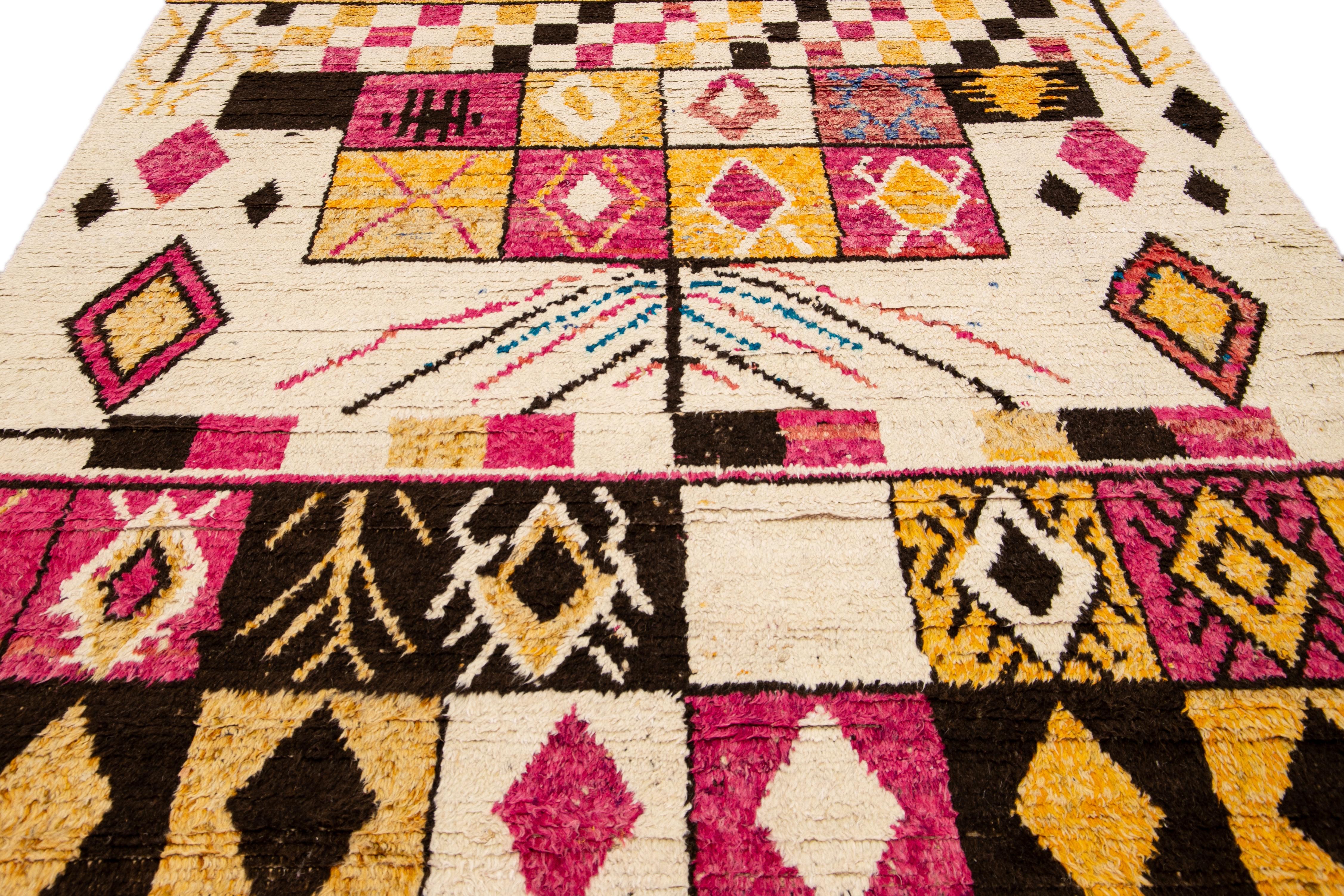 Bohemian Modern Moroccan Style Handmade Boho Pattern Multicolor Wool Rug For Sale