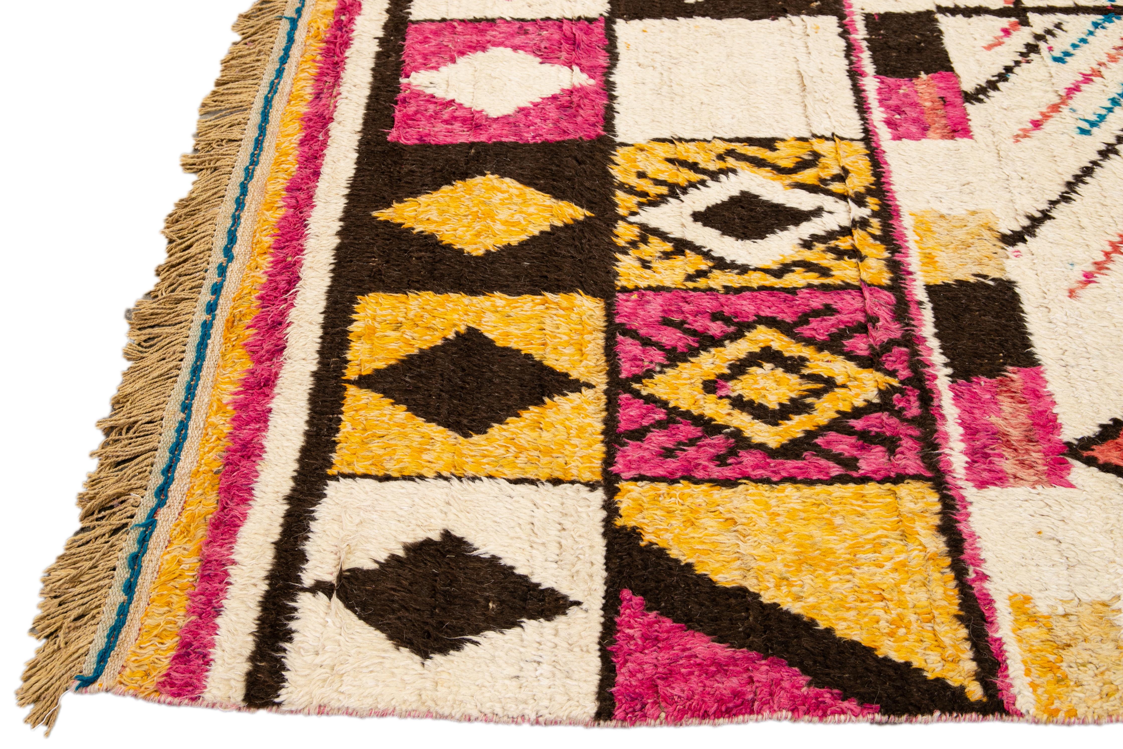 Pakistani Modern Moroccan Style Handmade Boho Pattern Multicolor Wool Rug For Sale