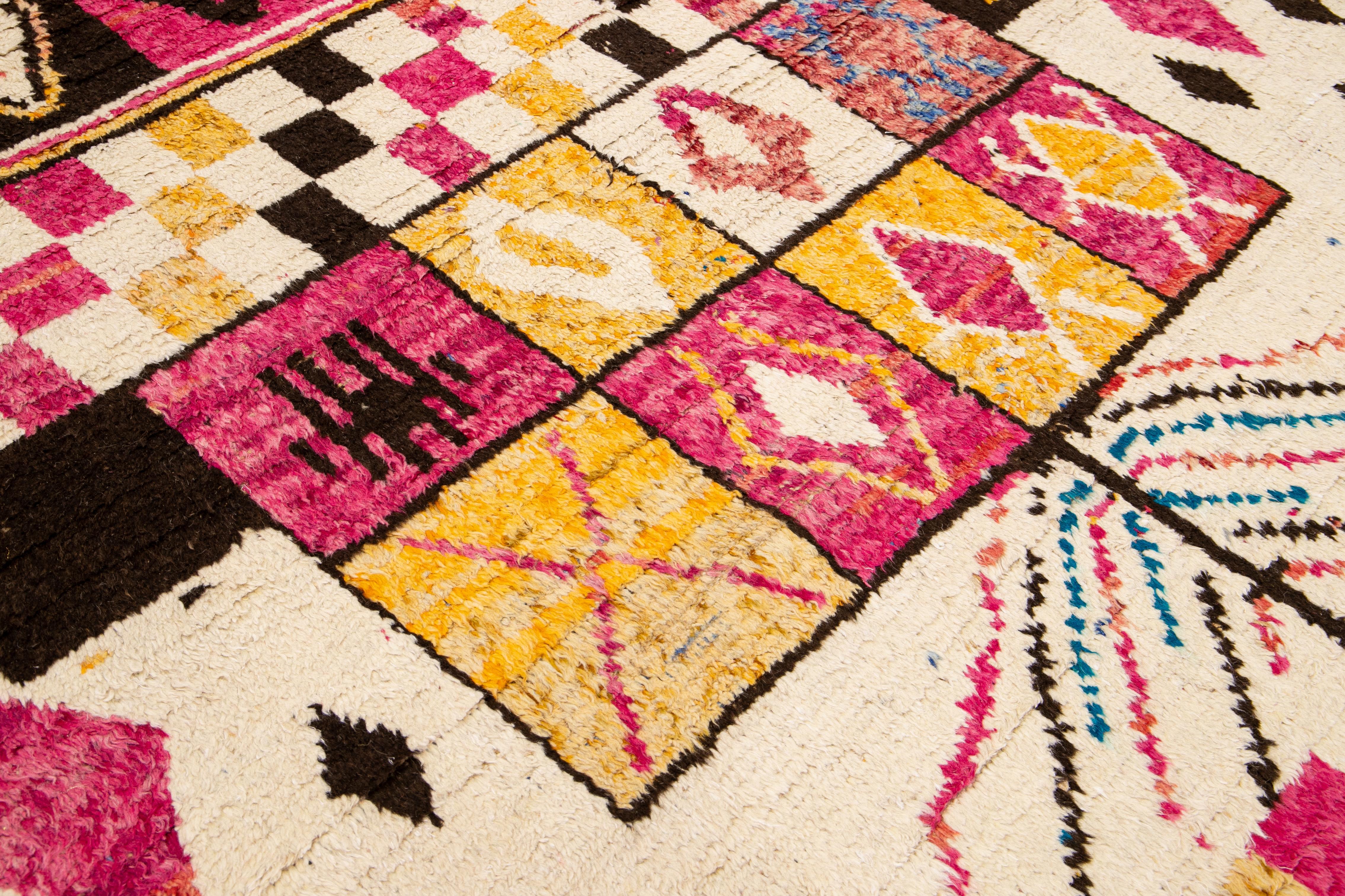 Modern Moroccan Style Handmade Boho Pattern Multicolor Wool Rug For Sale 1
