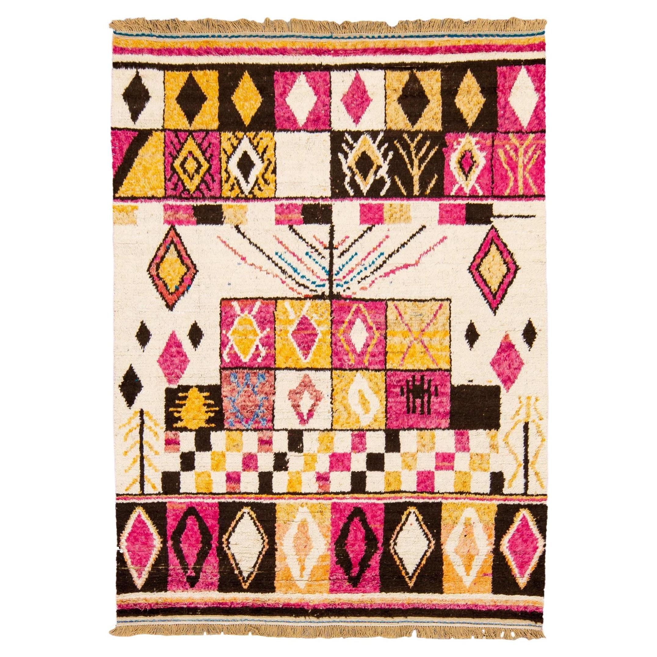 Modern Moroccan Style Handmade Boho Pattern Multicolor Wool Rug For Sale