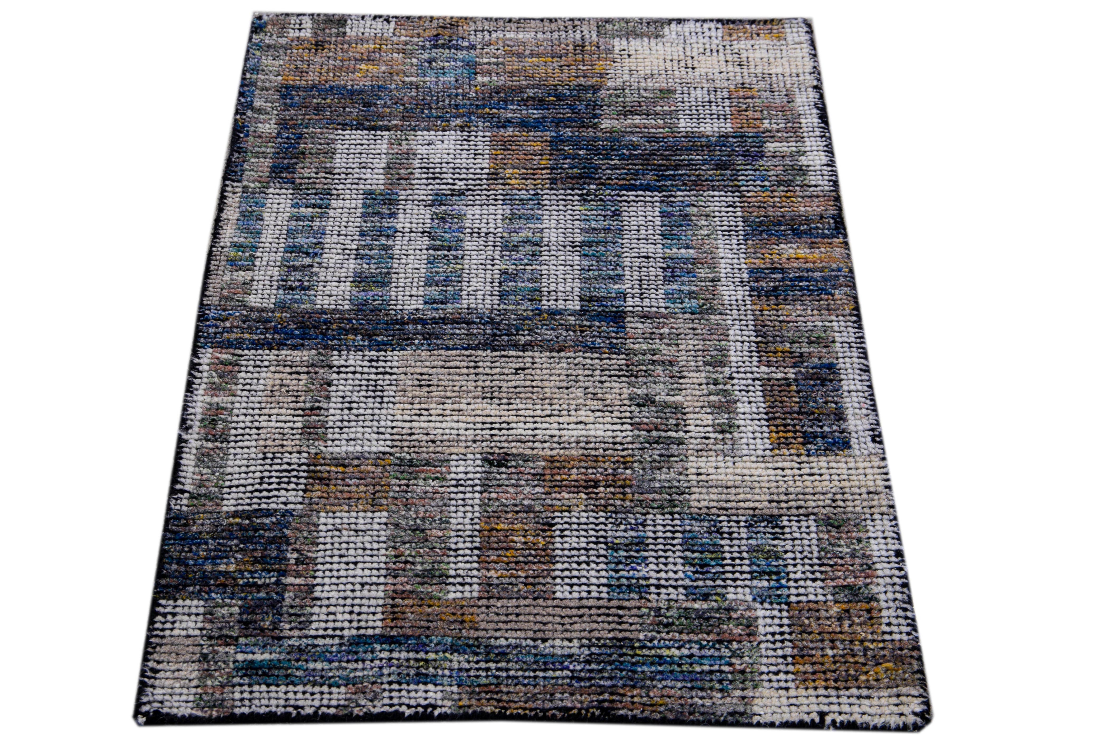 Organic Modern Modern Moroccan Style Handmade Brown/Blue Custom Wool Rug For Sale