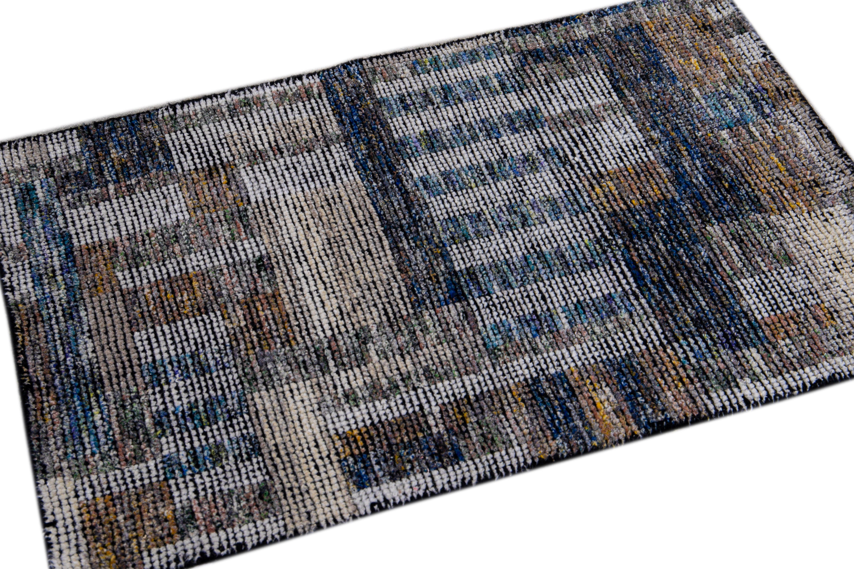 Hand-Knotted Modern Moroccan Style Handmade Brown/Blue Custom Wool Rug For Sale