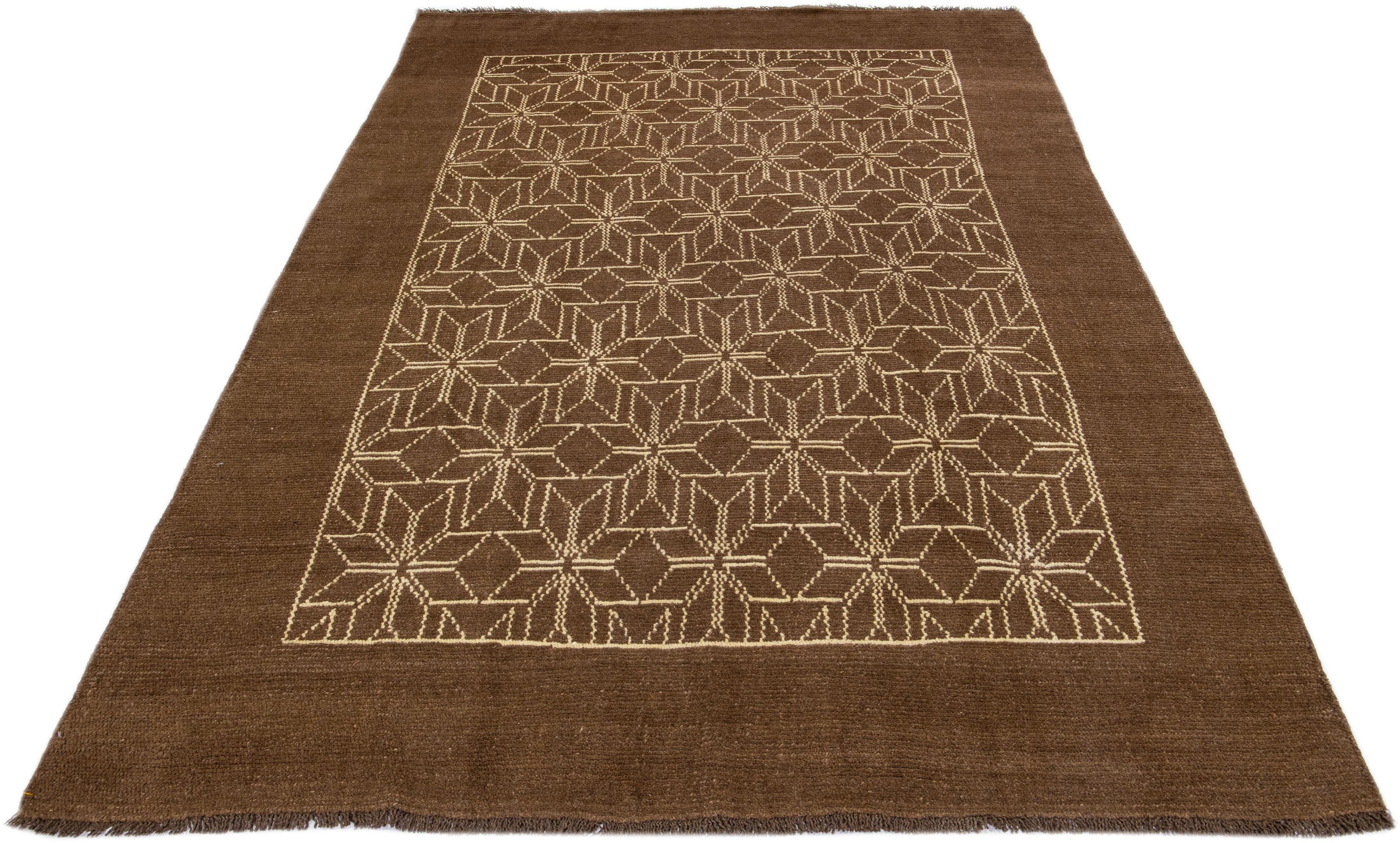 Afghan Modern Moroccan Style Handmade Brown Designed Wool Rug by Apadana For Sale