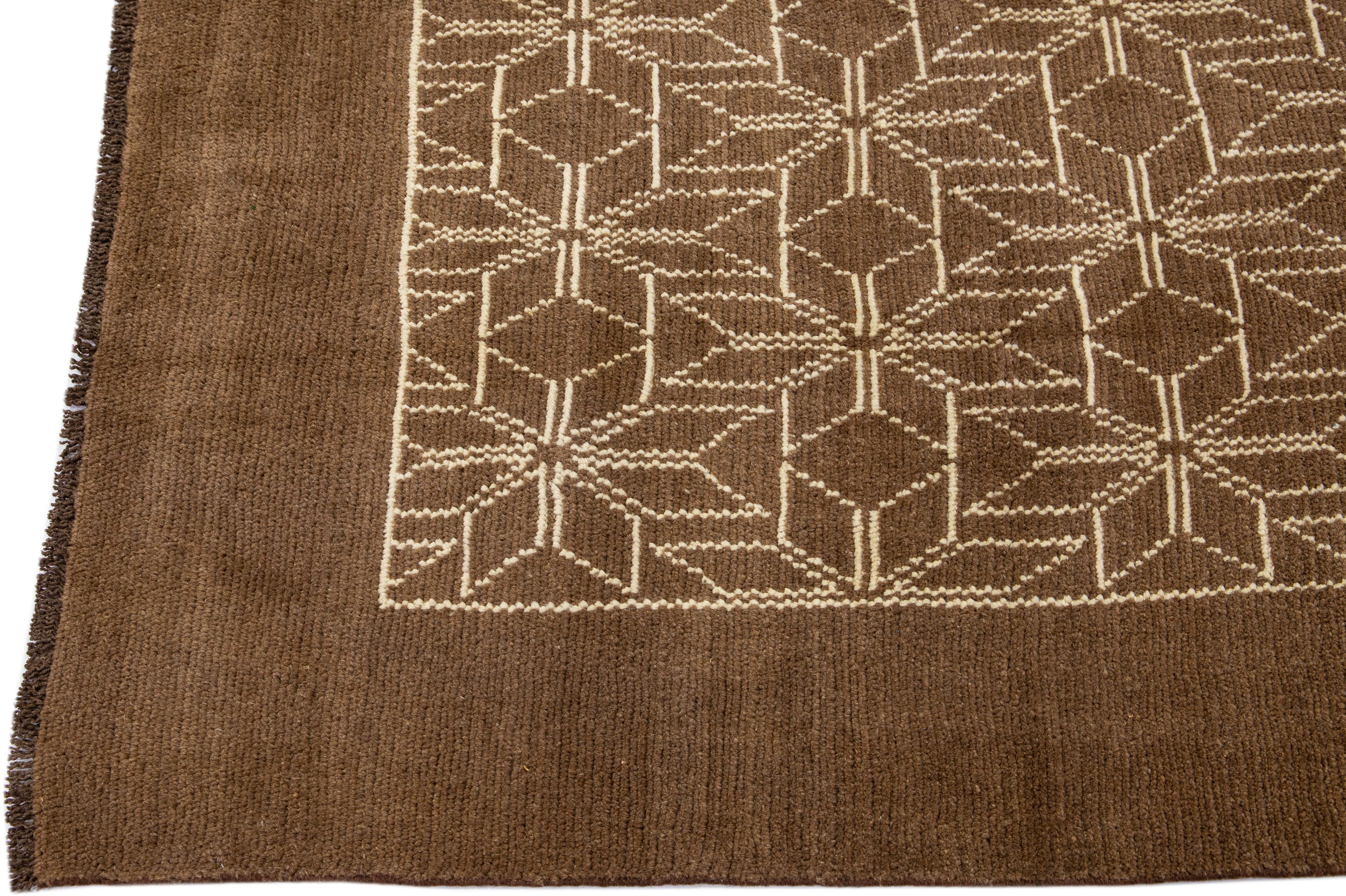 Hand-Knotted Modern Moroccan Style Handmade Brown Designed Wool Rug by Apadana For Sale